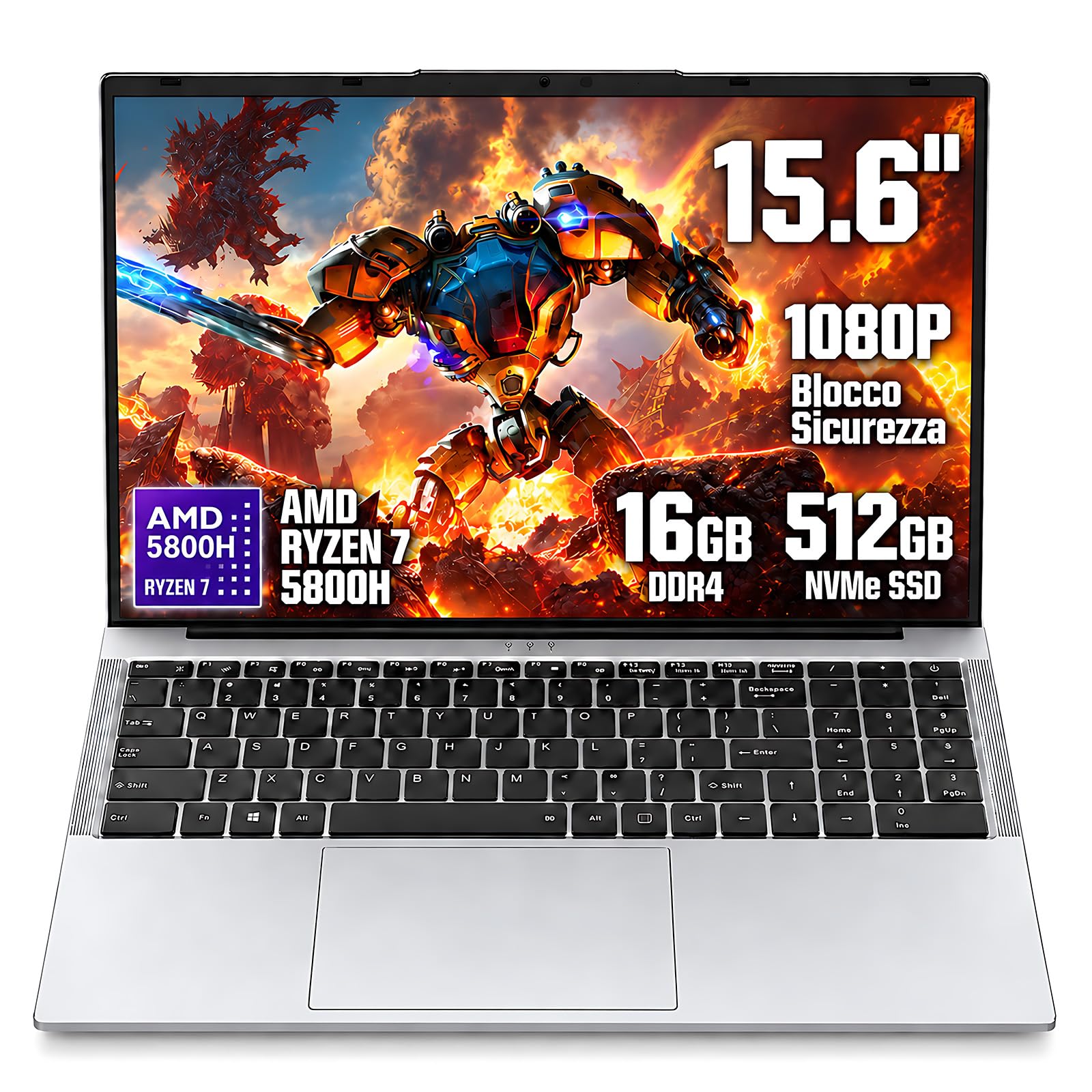 Notebook 15.6 Pollici PC Portatile, Ryzen 7 5800H, 16GB RAM DDR4 + 512GB SSD, Windows 11 Pro, Webcam HD, Tastierino Numerico,Tastiera retroilluminata