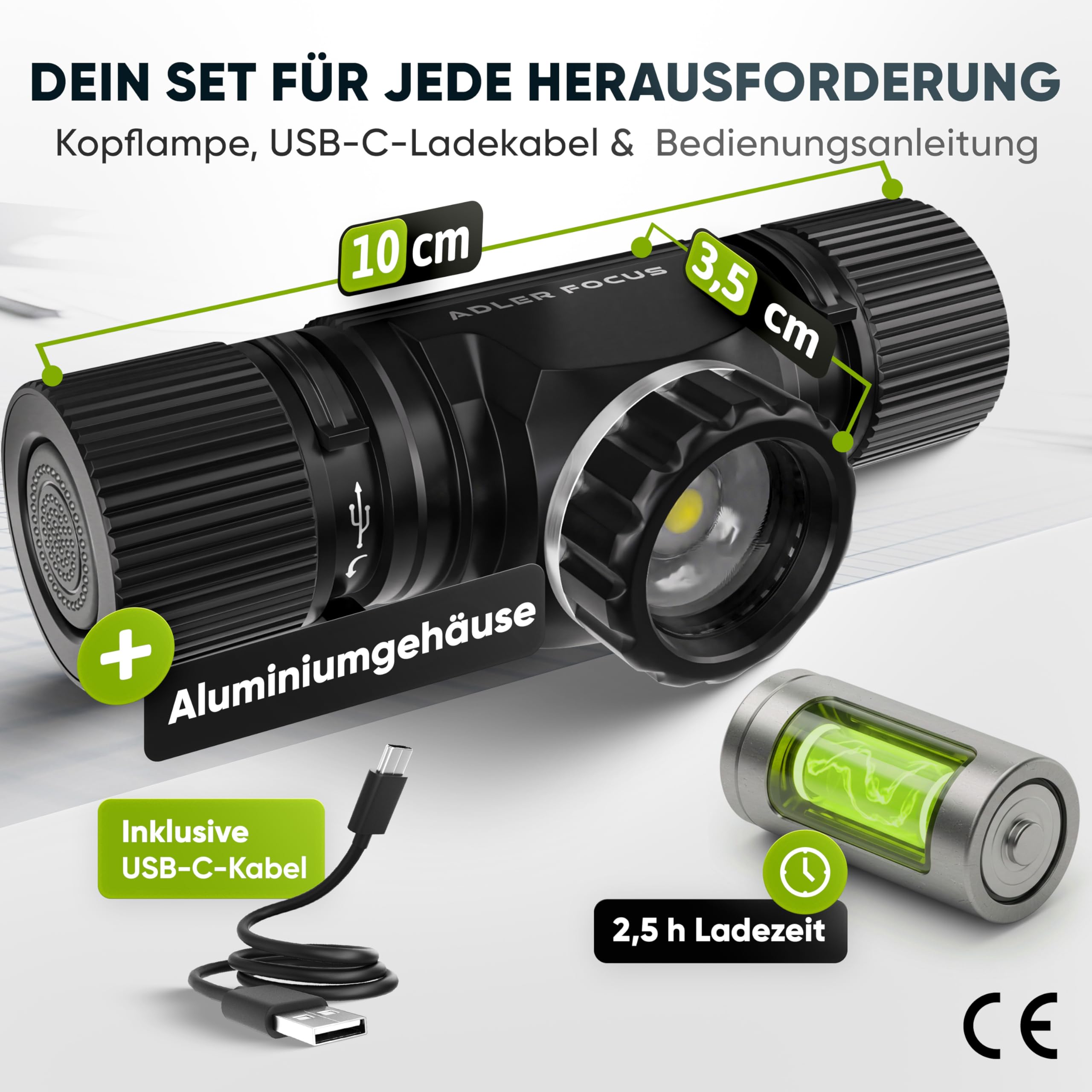 Lampe frontale (1000 lumens, autonomie de 24 heures) – Lampe frontale LED rechargeable – Extrêmement lumineuse – Focalisable [Classe énergétique A]