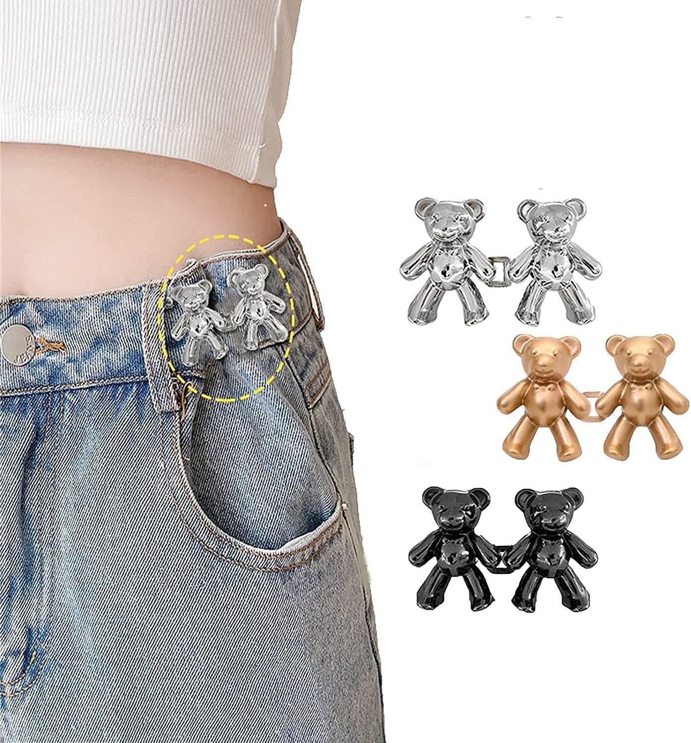 Brigand No Sewing Required Instant Adjustable Pant Jeans Button | Loose Jeans Adjustable Waist Buckle Cute Detachable Bear Pants Clip for Trousers (Teddy 3 Pair)