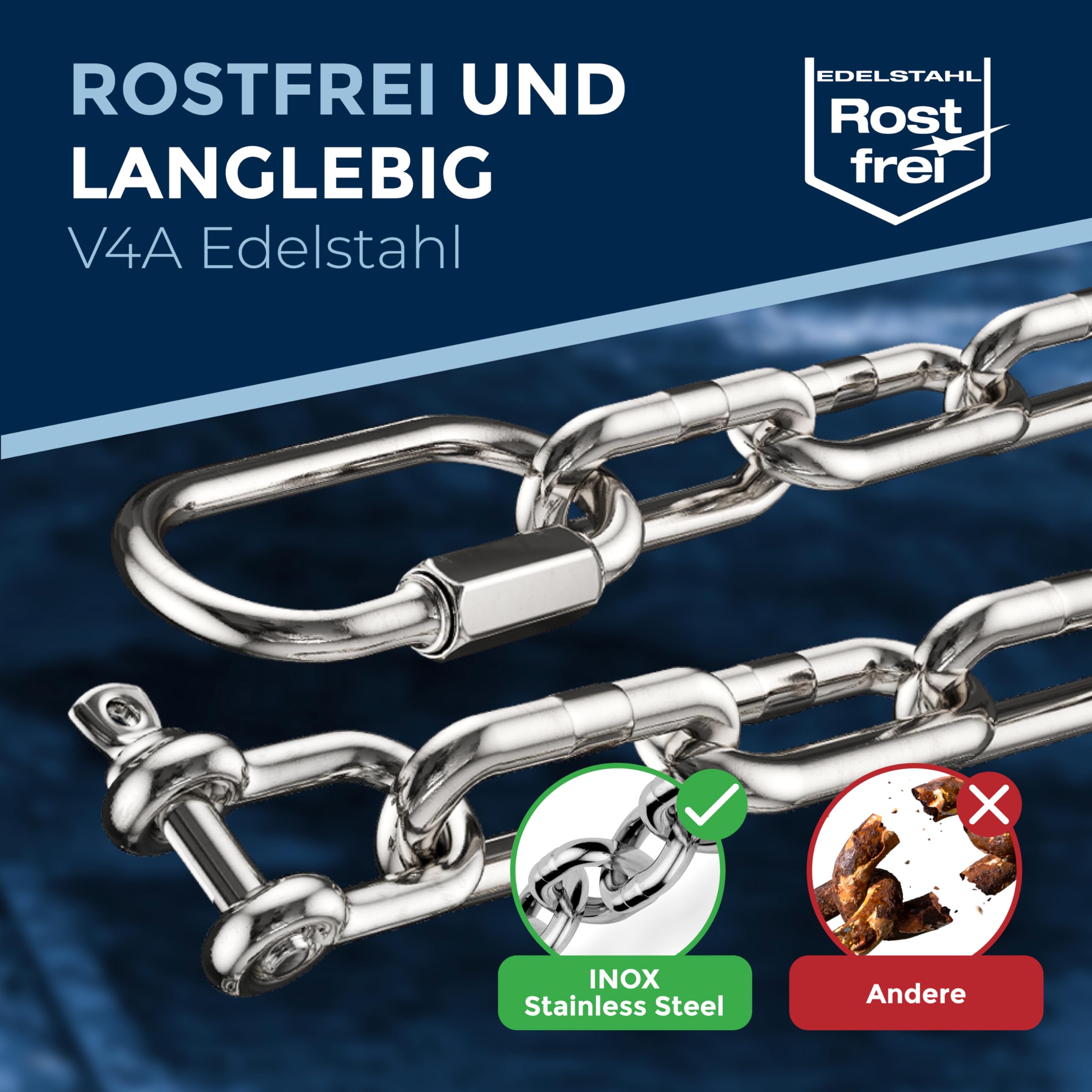 Kit Catena Inox V4A Ø 5 mm – 25 cm (0,25 m) – Set da 1 (1 Catene + 2 Connettori + 2 Grilli) – Carico 900 kg – Uso Marino, Amaca, Boxe
