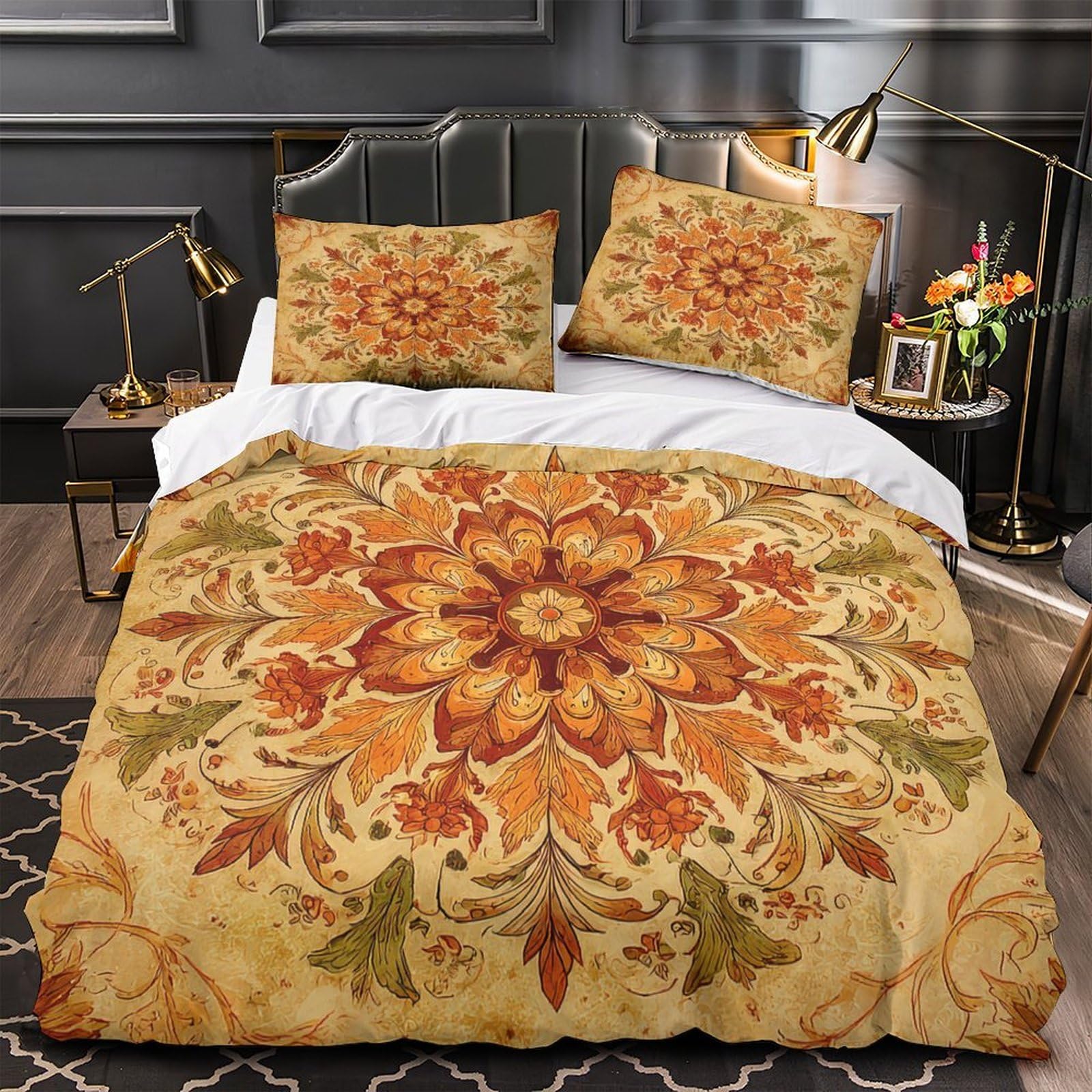 MMDASBVPE Ornate Floral Design Duvet Cover 3D Print Durable 3 Pcs Bed Linen Hidden Zipper Quilt Cover Premium Washable for Kids Adults Women Teens Youth Girls Boys Single（135x200cm）