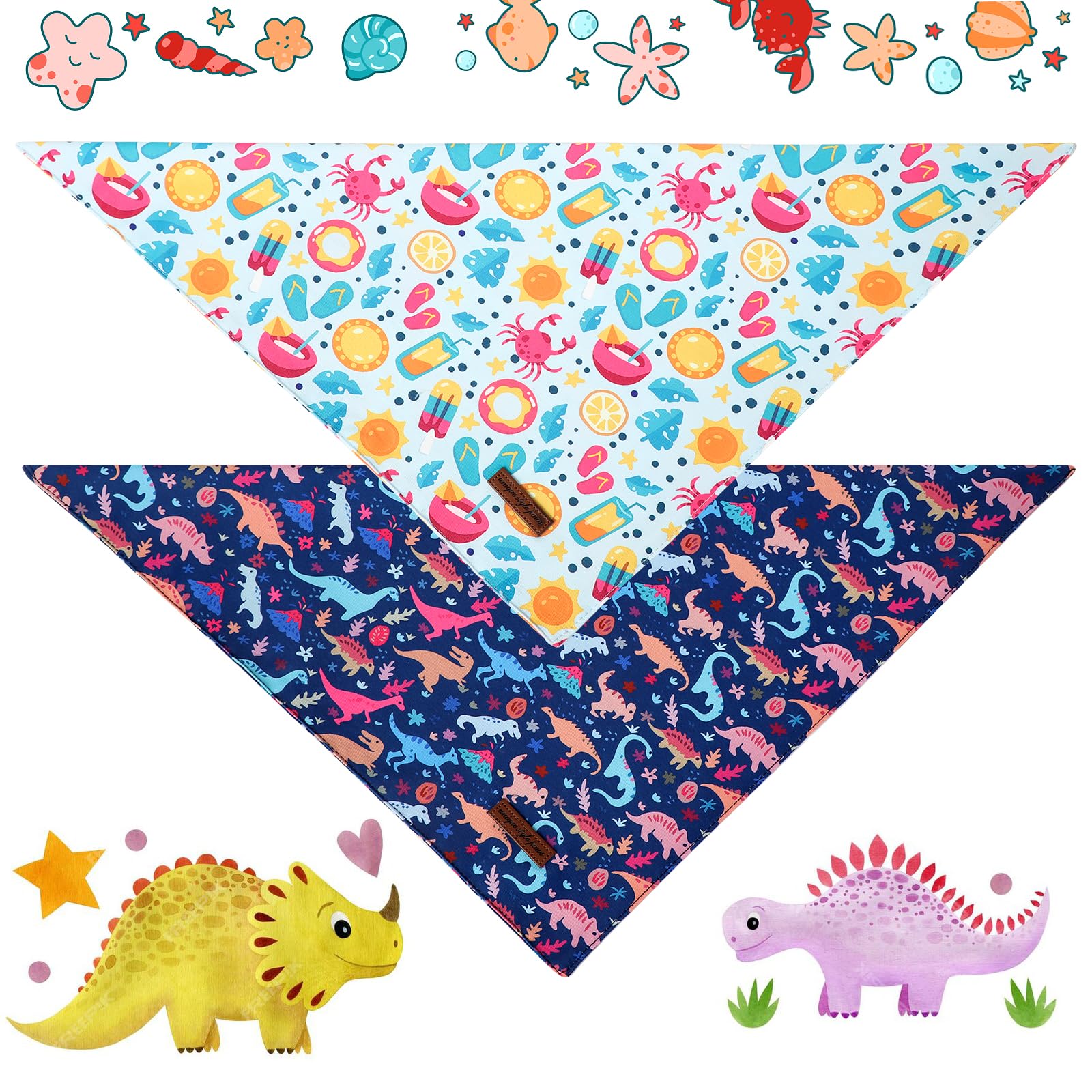 Unique Style Paws Dog Spring Bandanas 2Pcs Washable Cotton Triangle Summer Lemon Dinosaur Puppy Scarfs for Small Medium Large Dogs and Cats