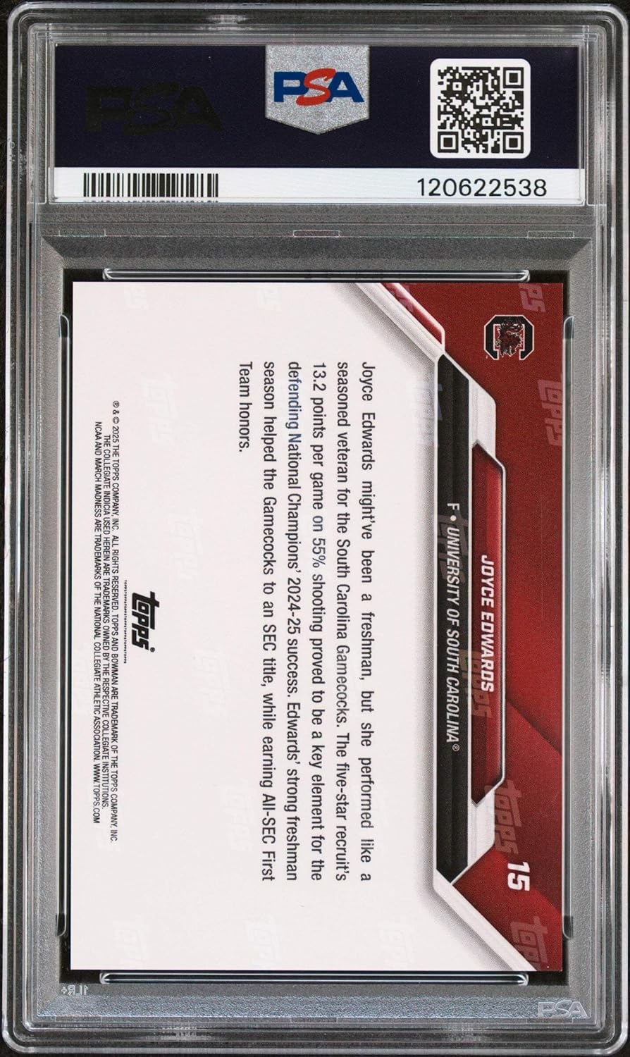 Graded 2025 Topps Bowman U Now Joyce Edwards #15 March Madness Black Rookie RC Basketball Card PSA 9 Mint