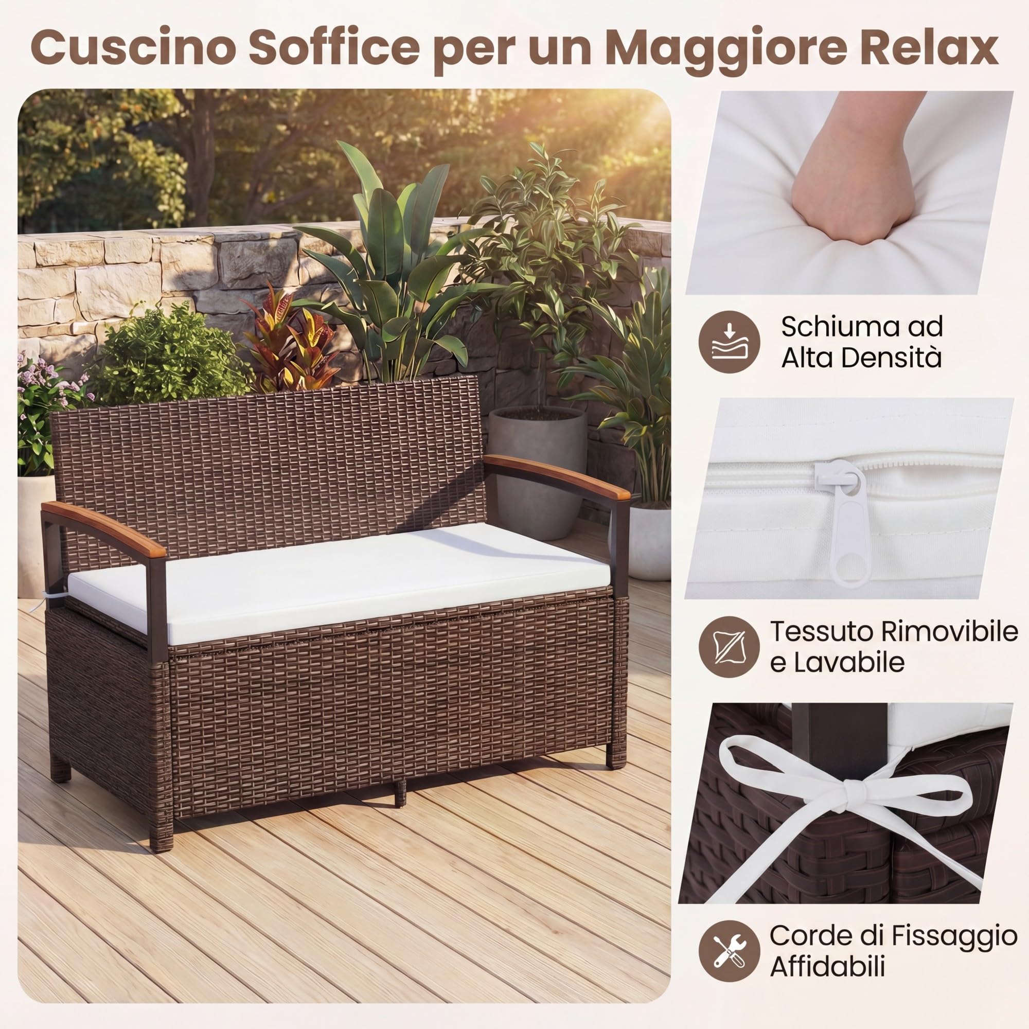 SOARS Panca da Giardino 2 Posti, Baule Contenitore Esterno 175 L in Vimini PE, con Cuscino Lavabile, Schienale e Braccioli in Legno di Acacia, Ammortizzatori a Gas, per Patio Balcone Piscina (Beige)