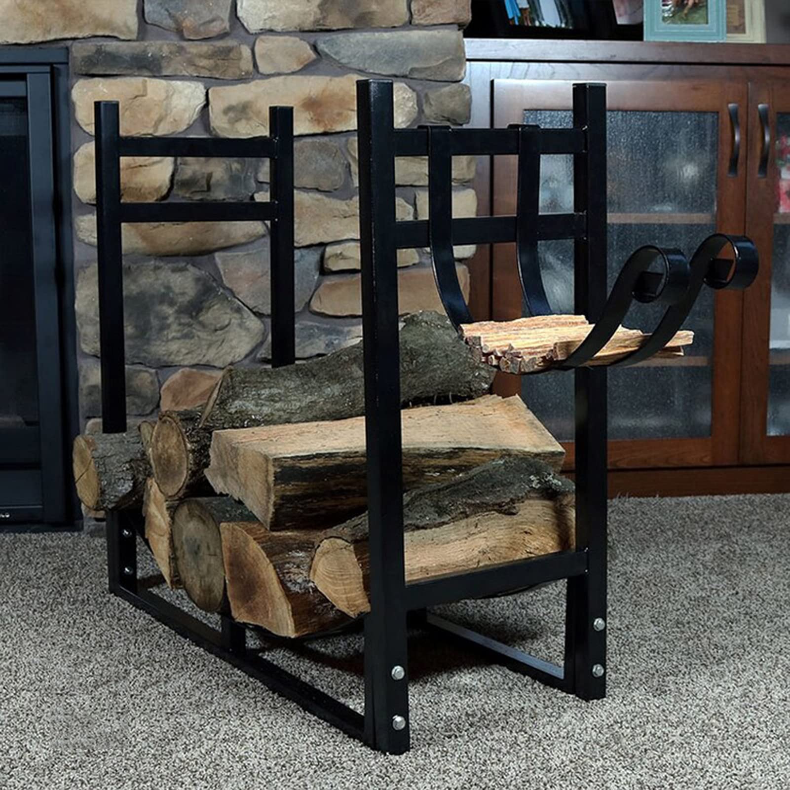 Culle portalegna Portalegna in Ferro Battuto Resistente, Porta Legna da Camino con Porta Legna, per Terrazze Patio Interno Ed Esterno, 83x33x78cm