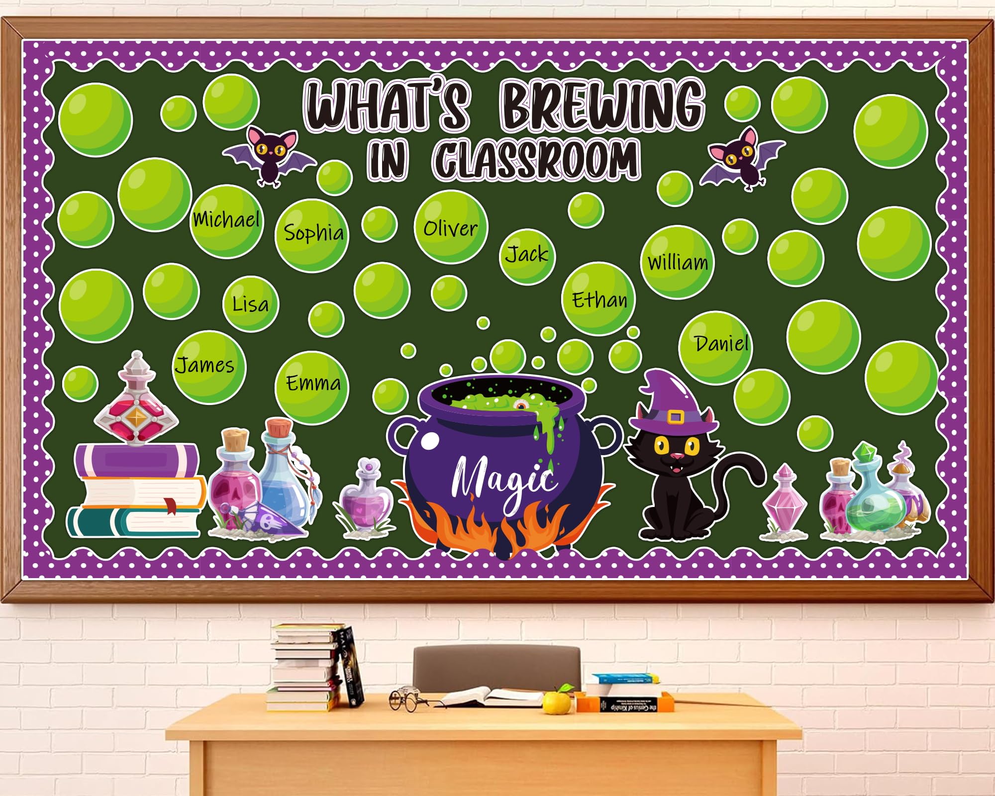 gisgfim Halloween Bulletin Board Decorations Set Halloween What's Brewing in Classroom Decor Black Cat Magic Jar Paper Cutouts Green Bubble Name Tag Bulletin Board for School Home Chalkboard Wall