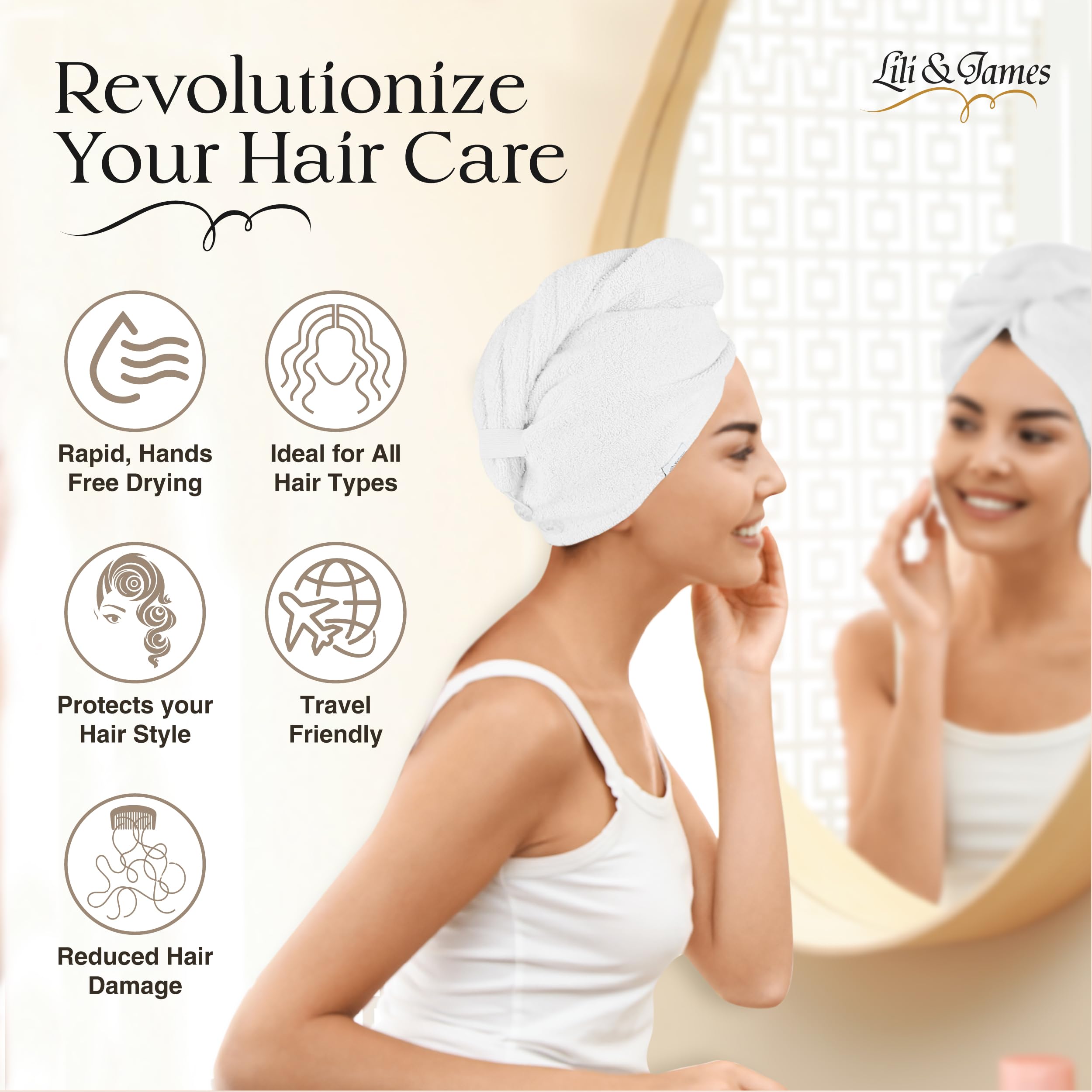 Lili&James Toalla de algodón para el cabello para mujer, secado rápido, suave y absorbente, 10 x 26 pulgadas, toallas envolventes con doble botón
