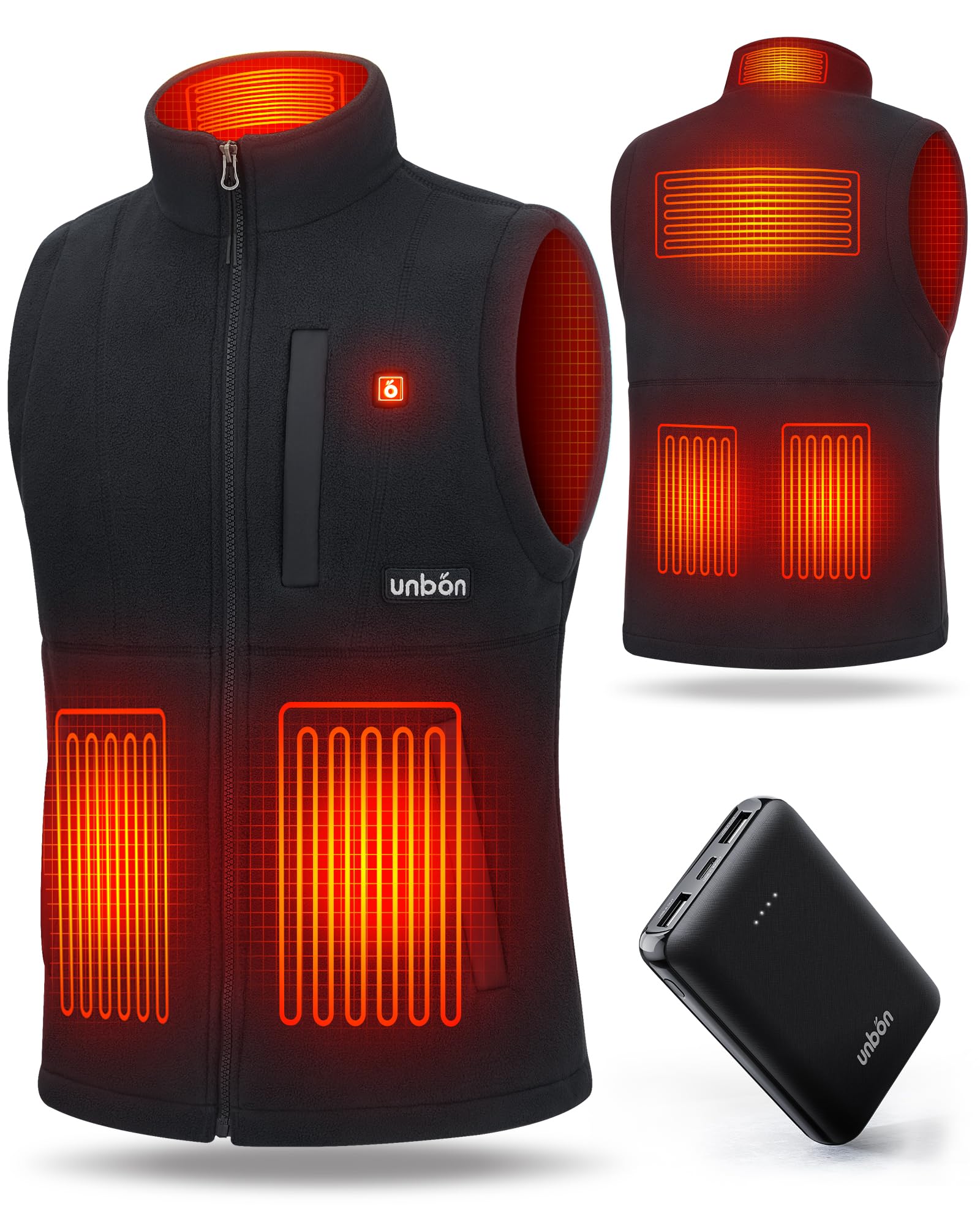 UNBON Gilet Riscaldato Uomo con Batteria USB 10000mAh, Giubbotto Riscaldato Uomo con 3 Temperatura 6 Zone di Calore, Gilet Riscaldante Elettrico Pile, Giacca Riscaldata Uomo per Moto Caccia