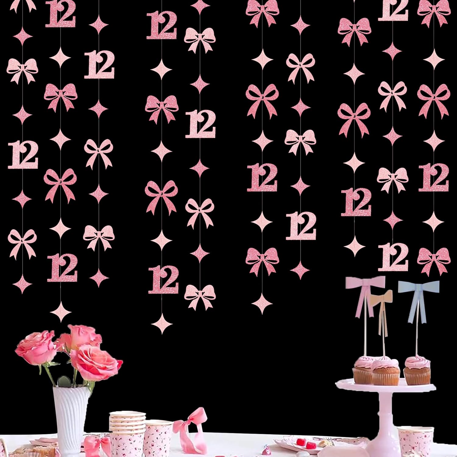 Glitter Pink 12th Bow Birthday Decorations Hot Pink Conquette Bow Garland Streamer Banner Backdrop for Girls Happy 12th Birthday Slayin' Since 2014 Cheers to 12 Years Old Anniversary Party Supplies