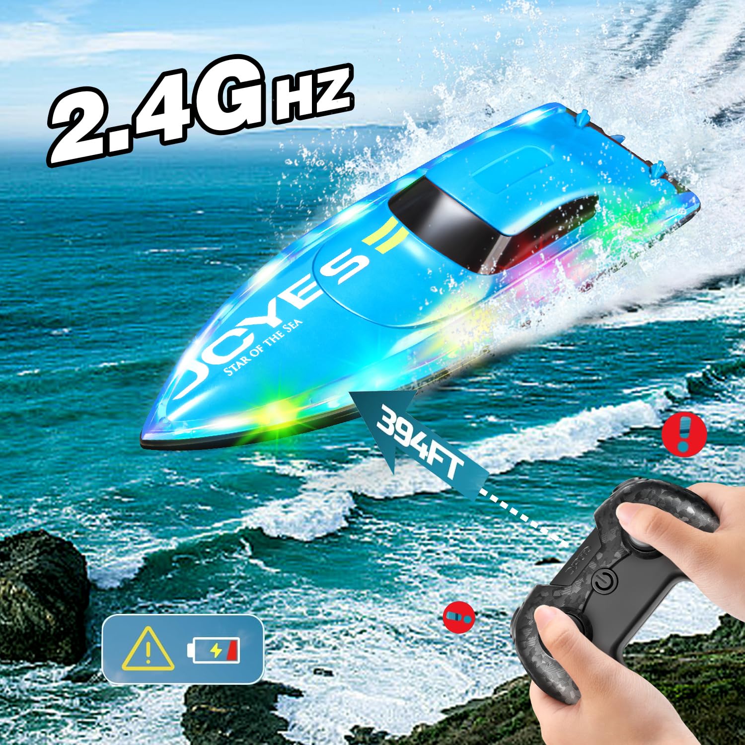 4DRC S7 RC Boat for Adults & Kids, High-Speed at 30KMH with 7 Mode LED Lights, Remote Control Boat for Pools and Lakes, 2 Rechargeable Batteries, Ideal Water Play Toy Gift for Boys & Girls
