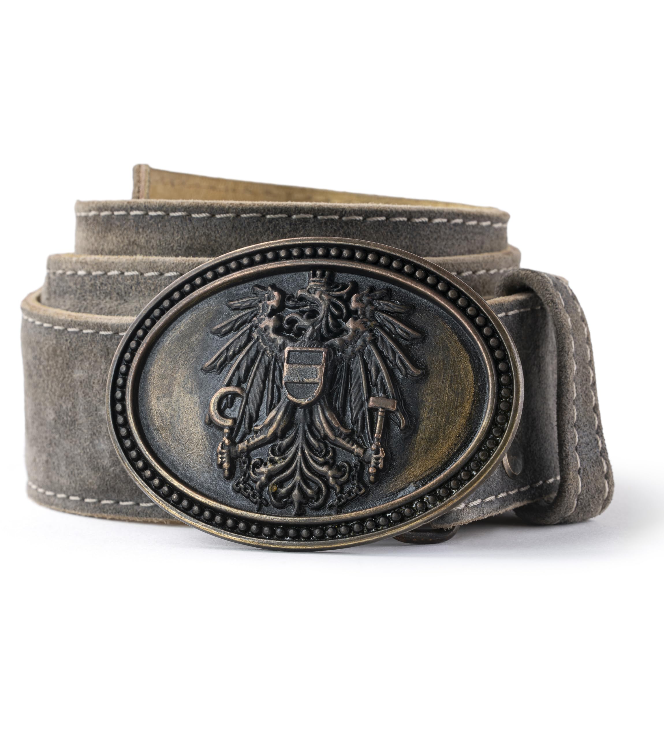 Schöneberger Trachten Couture Franco Men's Costume Belt Austria, Leather Belt with Austria Eagle Buckle, Lederhosen Belt Made of Wild Bock Leather, Antique grey, Bundweite 110 (54-56)