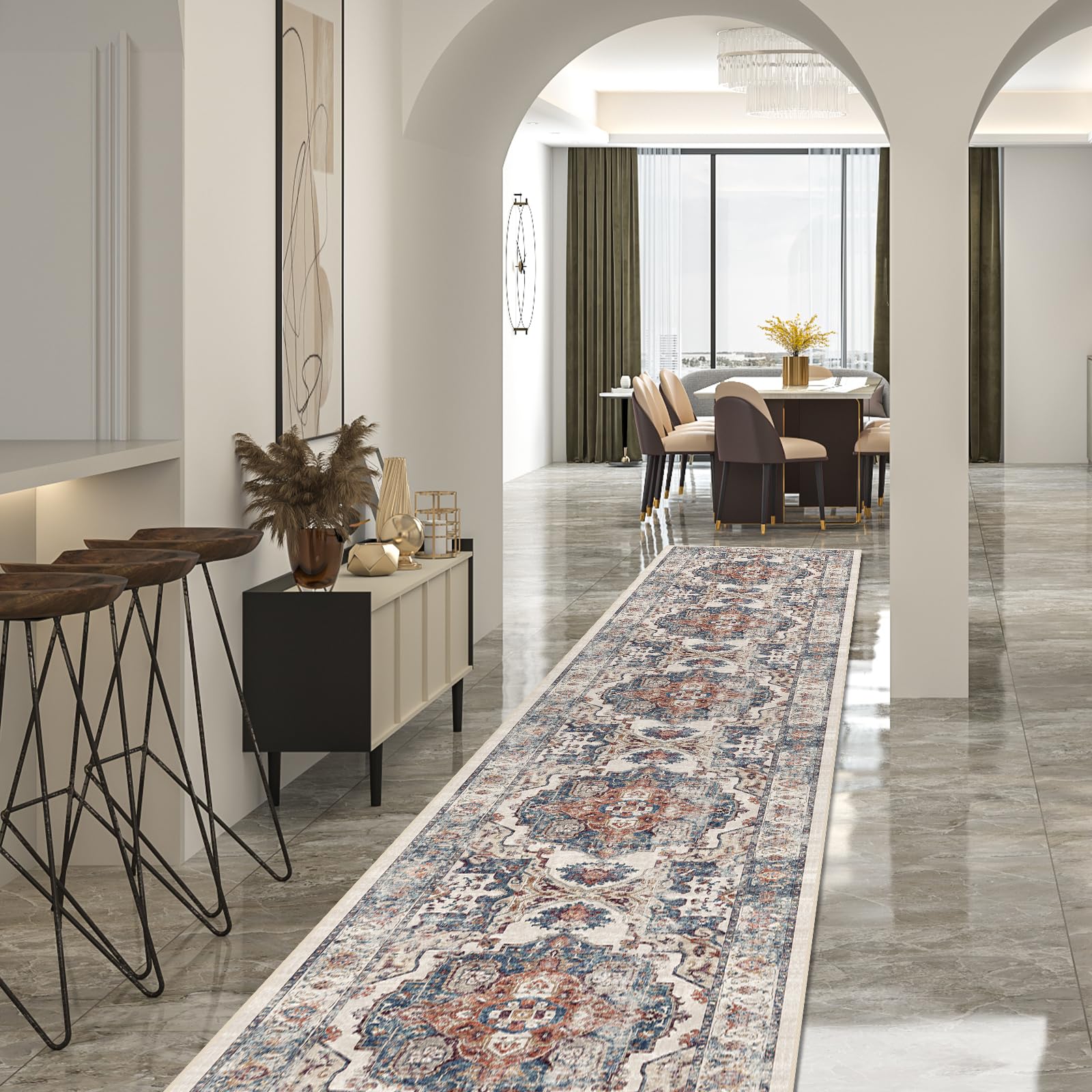 Hallway Washable Runner Rug - 2'6x14 Kitchen Rugs Entryway Rug Runner Vintage Soft Floor Mat Non Slip Indoor Farmhouse Carpet for Bathroom Living Room