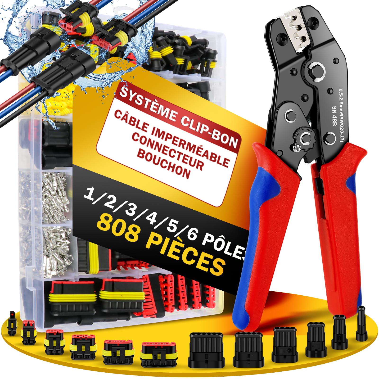 moveland Connecteur Automobile 808PCS - Connecteur Électrique Automobile Rapide 1/2/3/4/5/6 Pôles avec Pince à Sertir - Compatible Voiture, Camion, Moto (Diamètre de Câble: 1,5 mm², 300 V, 12 A)