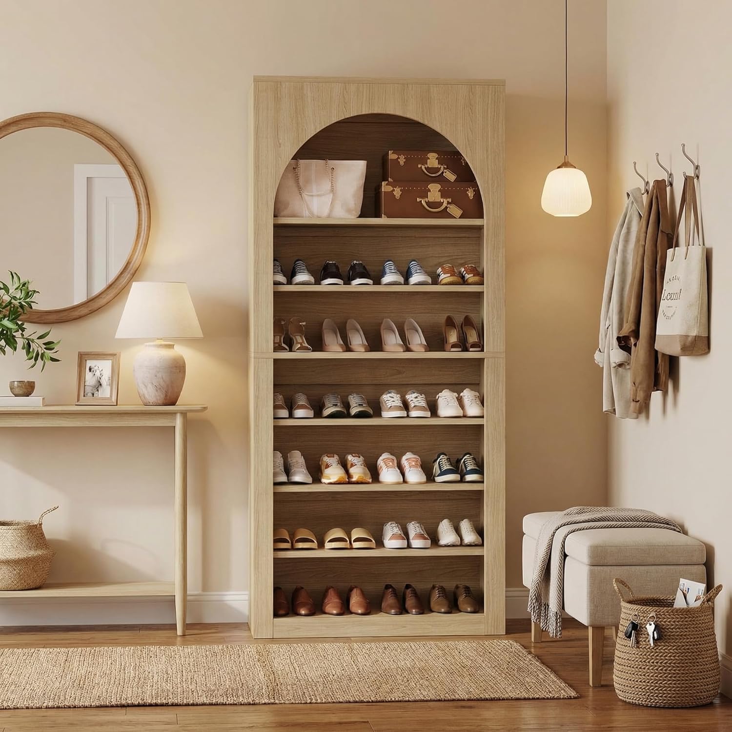 7-Tier Arched Shoe Cabinet, 28 Pairs Wooden Shoe Storage Cabinet with Adjustable Shelves for Entryway, 70.9" Tall Freestanding Modern Shoe Rack Organizer for Living Room, Bedroom, Natural