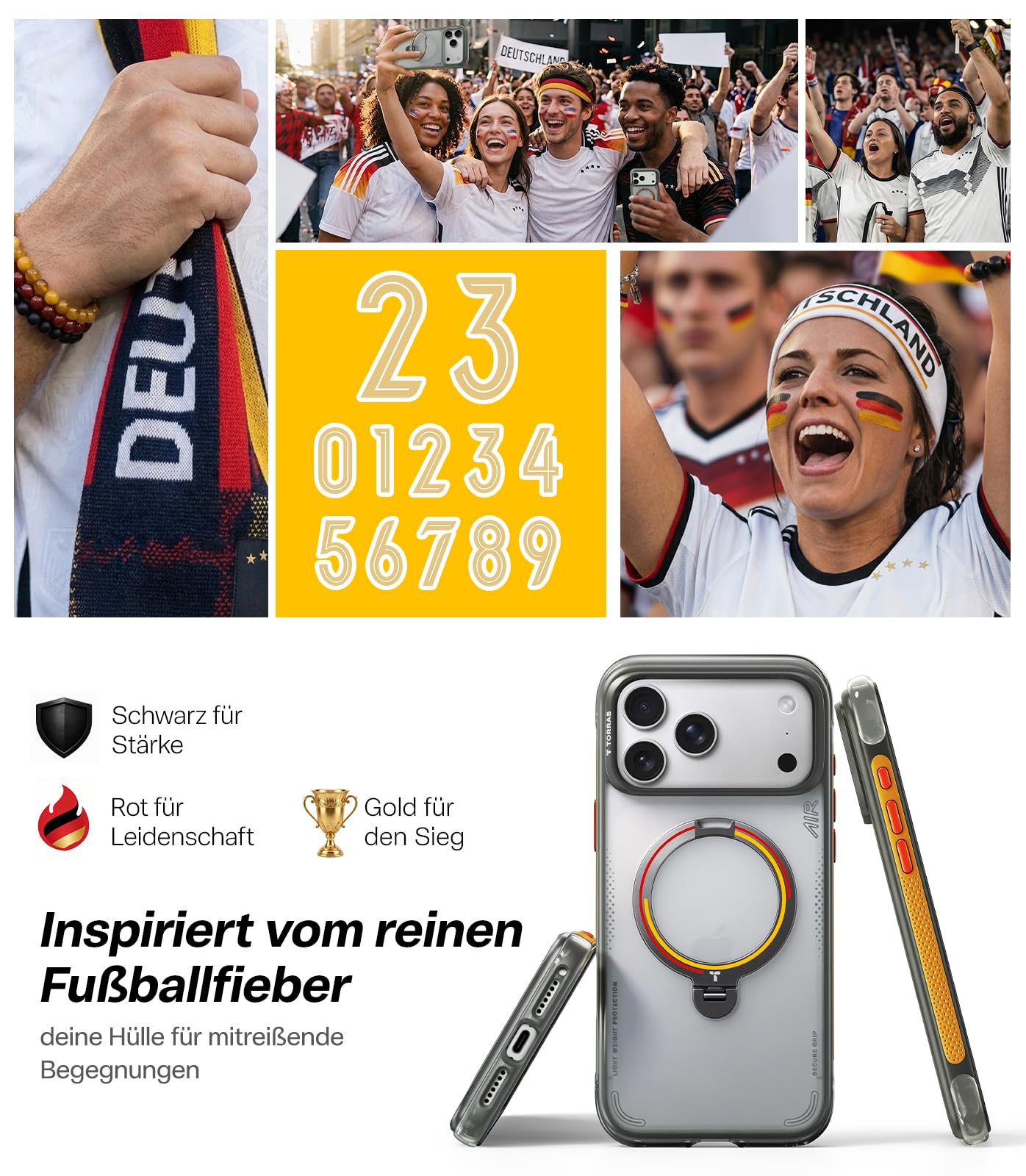 TORRAS Q3 Air 2026 Fußball Limitierte Auflage für iPhone 17 Pro Max hülle mit echtem Airbags Doppelter Schutz & 360° Magnetischer Robust Ständer, Iron