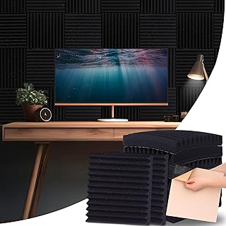 Self-Adhesive Acoustic Wall Panels 12-Pack covers 11.63 ft² (1.08m²) - Triangular Peel and Stick Sound Proofing Panels 12x12x1.7In (30x30x4.5cm) for Echo & Noise Absorption in Recording Studio, Black
