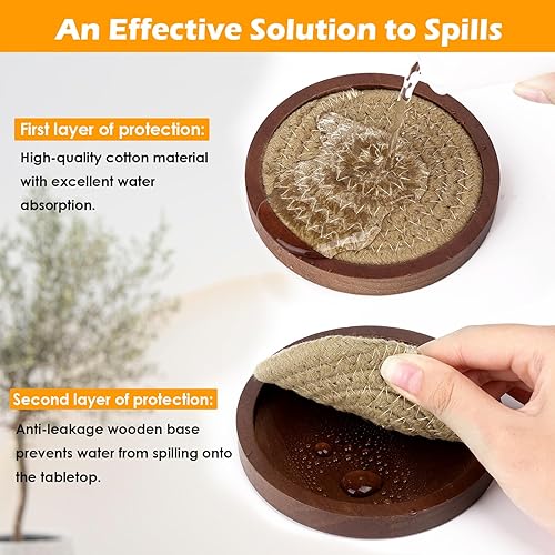Miniatura 3 de Mckanti Paquete de 6 posavasos de madera para bebidas con inserto de posavasos de algodón, posavasos de madera con soporte para decoración de mesa