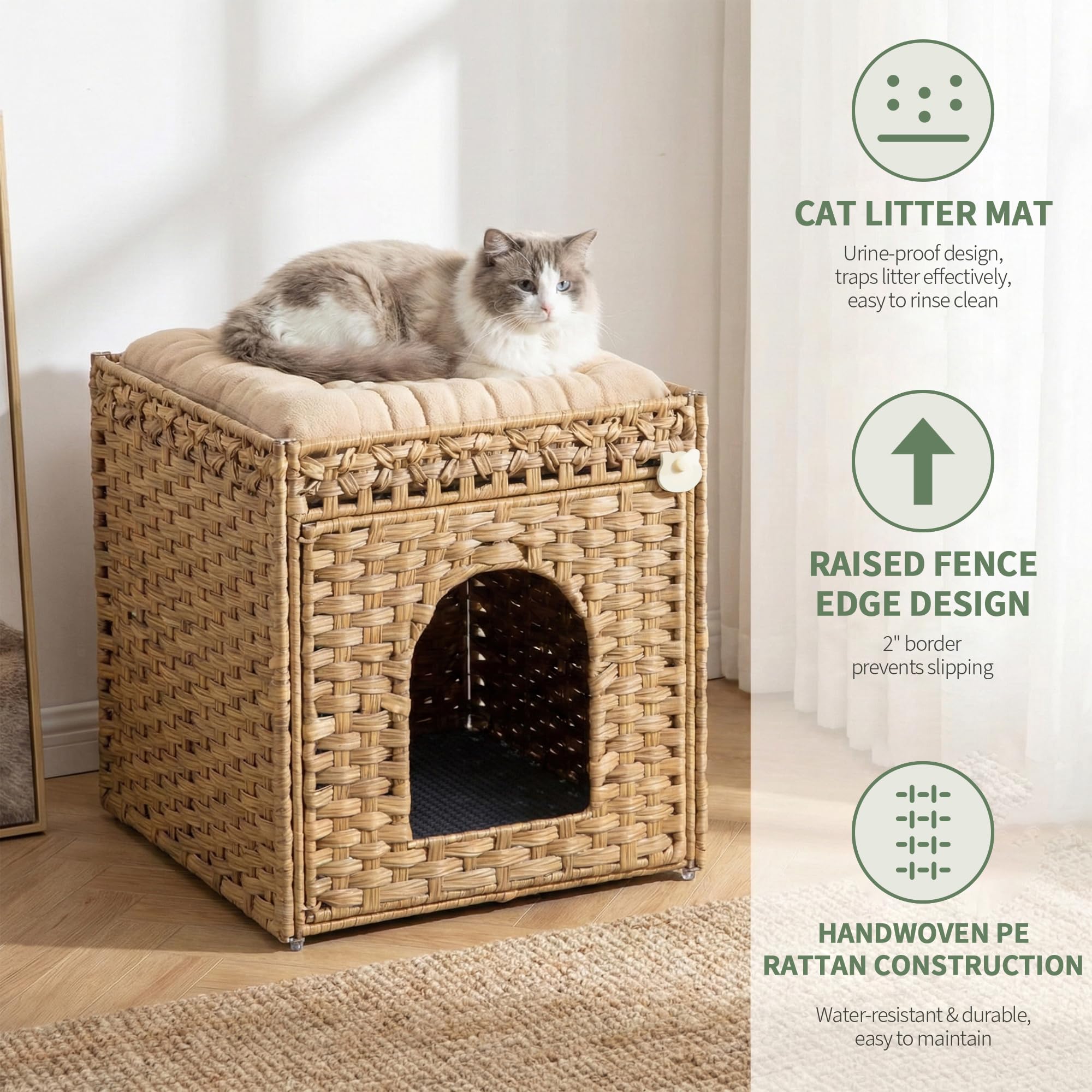 Cat Litter Box Furniture, Rattan Litter Box Enclosure Cabinet for Indoor Cats, Ventilated Covered Litter Box House, Decorative Litter Box Hider with Mat - image 7