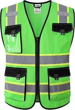 JKSafety Safety Vest for Men Women Hi Vis Reflective Vest JK220 Green L | ANSI standards, 5 utility Pockets 4 Reflective Strips High Visibility Mesh Fabric Construction Safety Apparel Neon for Work