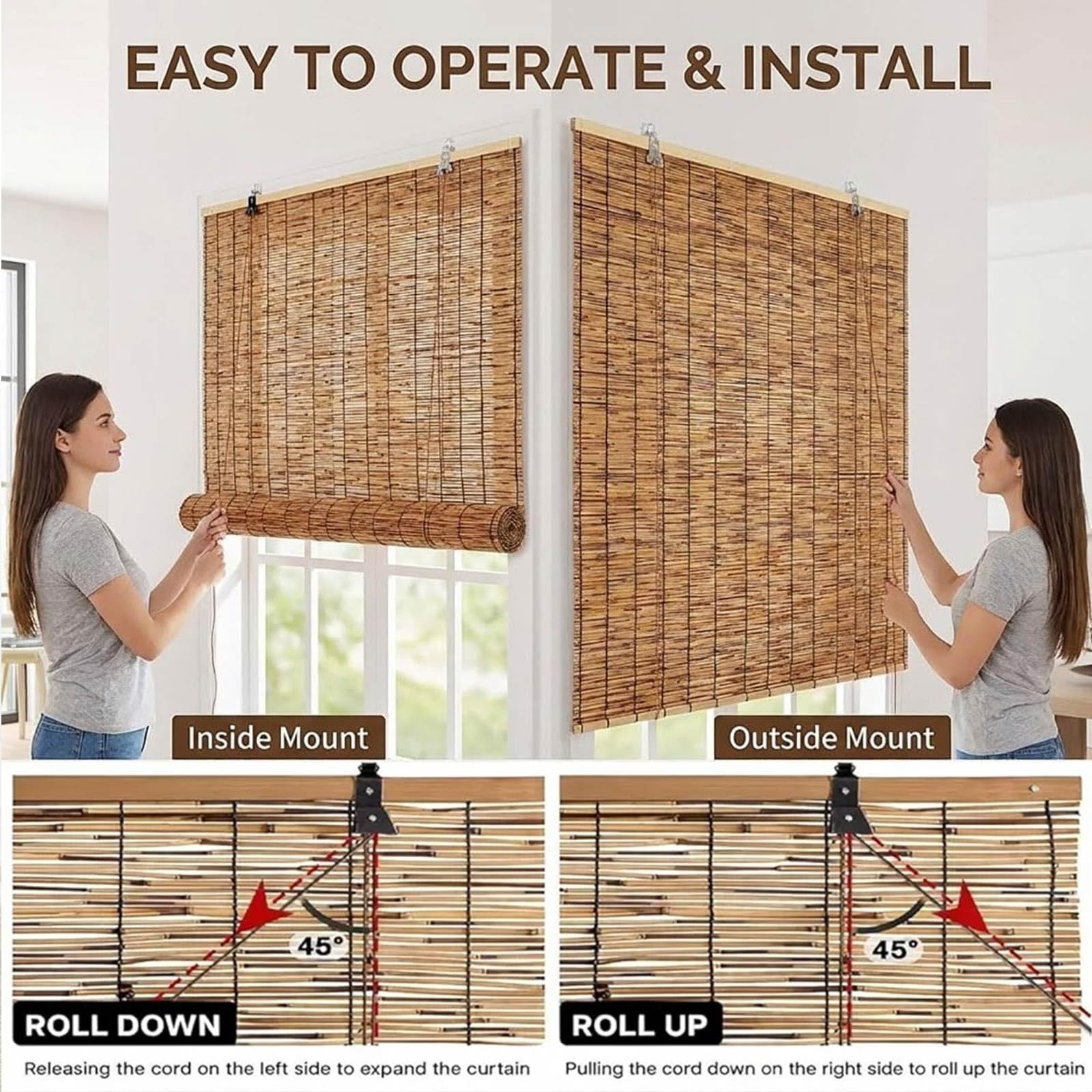 Store Bambou Extérieur pour Terrasse et Balcon, Store Enrouleur en Roseau Naturel, Brise Vue pour Pergola, Véranda et Jardin, Store Décoratif Filtrant la Lumière(W130 x H200 cm)