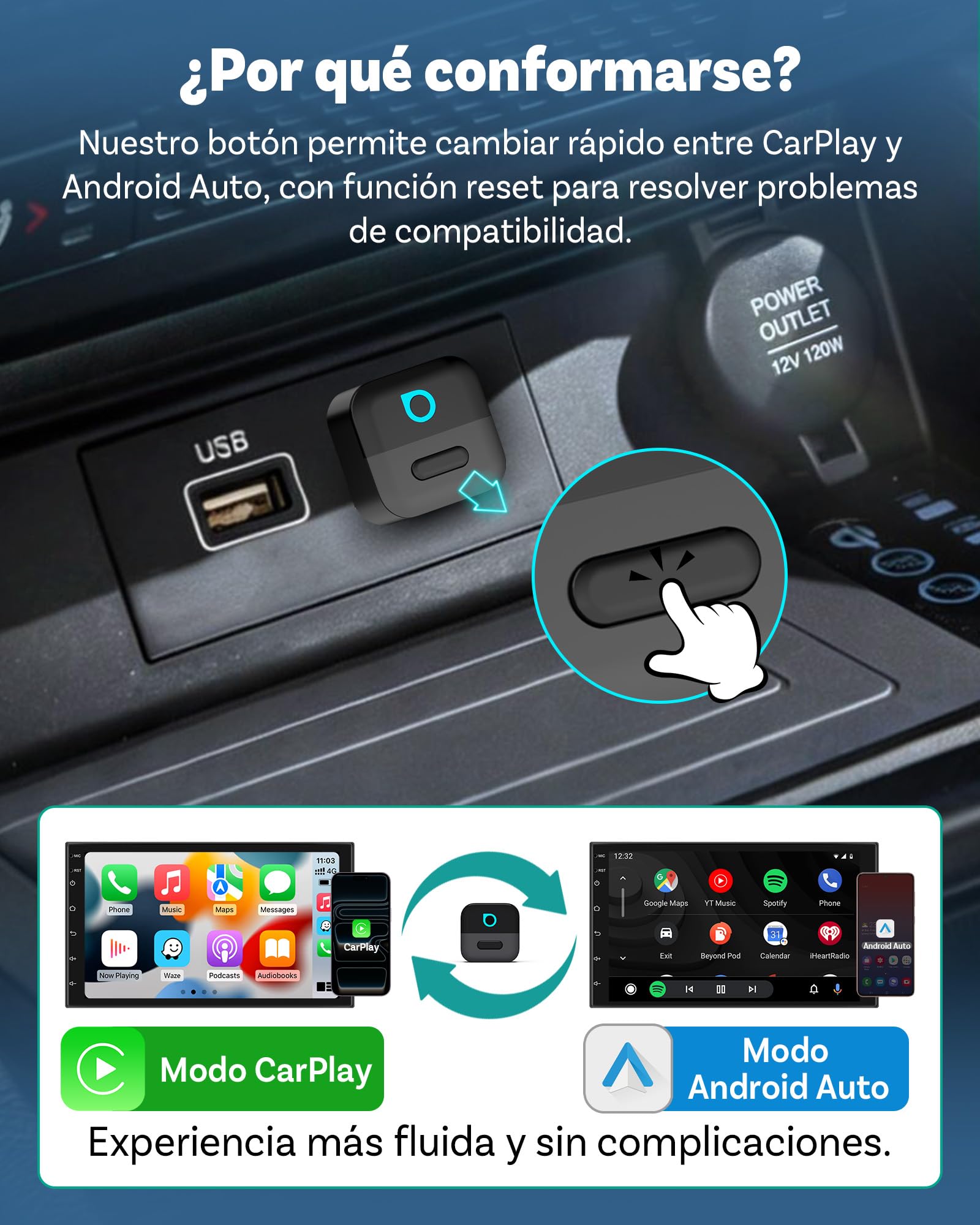 OTTOCAST Mini Pico, 2026 Adattatore Wireless 2-in-1 CarPlay & Android Auto, Cambio Dispositivo con un Tocco, Plug & Play, WiFi 6 & Bluetooth 5.4, Connessione automatica per i Phone & Android