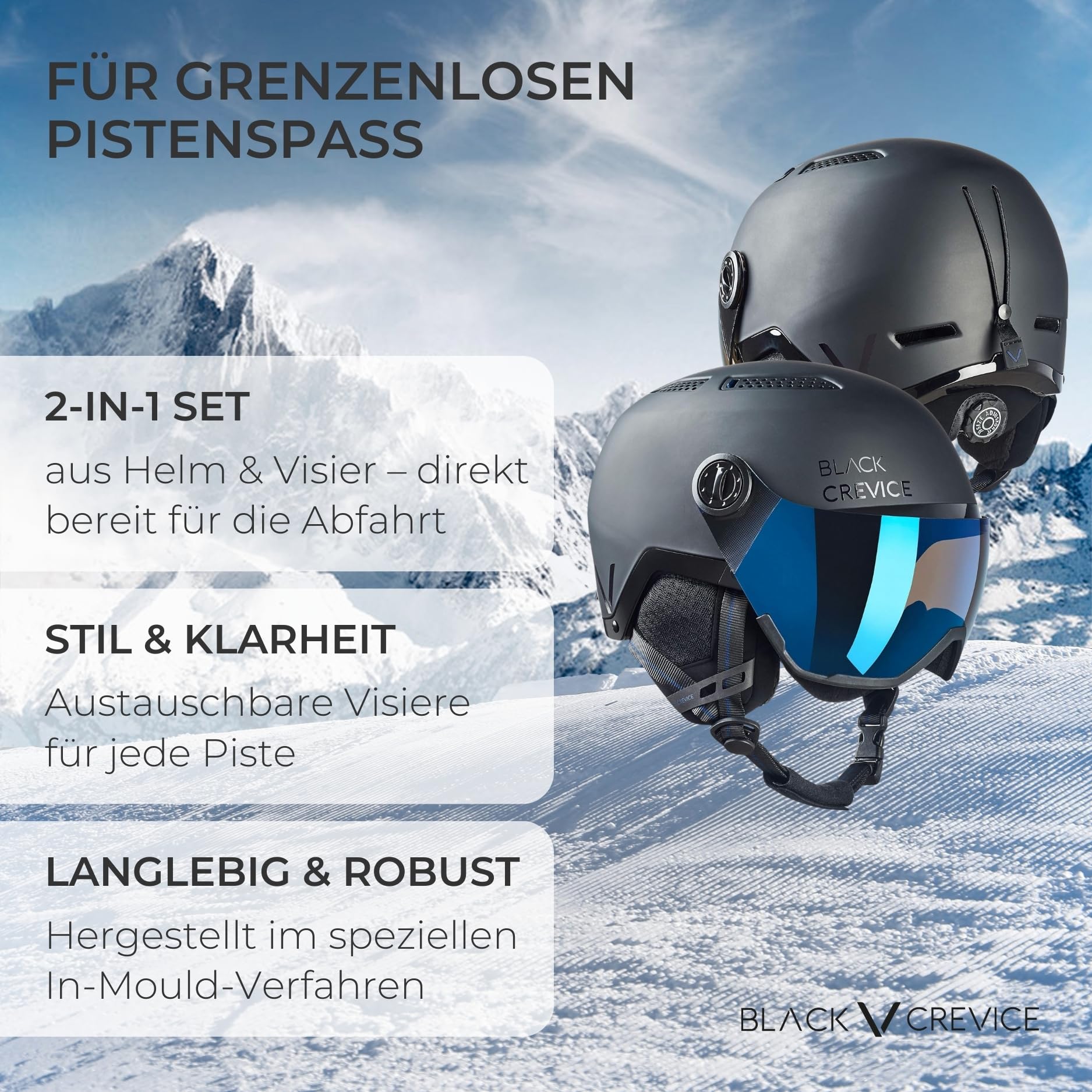 BLACK CREVICE Skihelm Chamonix I Skihelm mit Visier im Pilotenstyle I Skihelm Herren & Damen I Unisex Snowboard-Helm I Atmungsaktiver Ski-Helm I Größenverstellbar