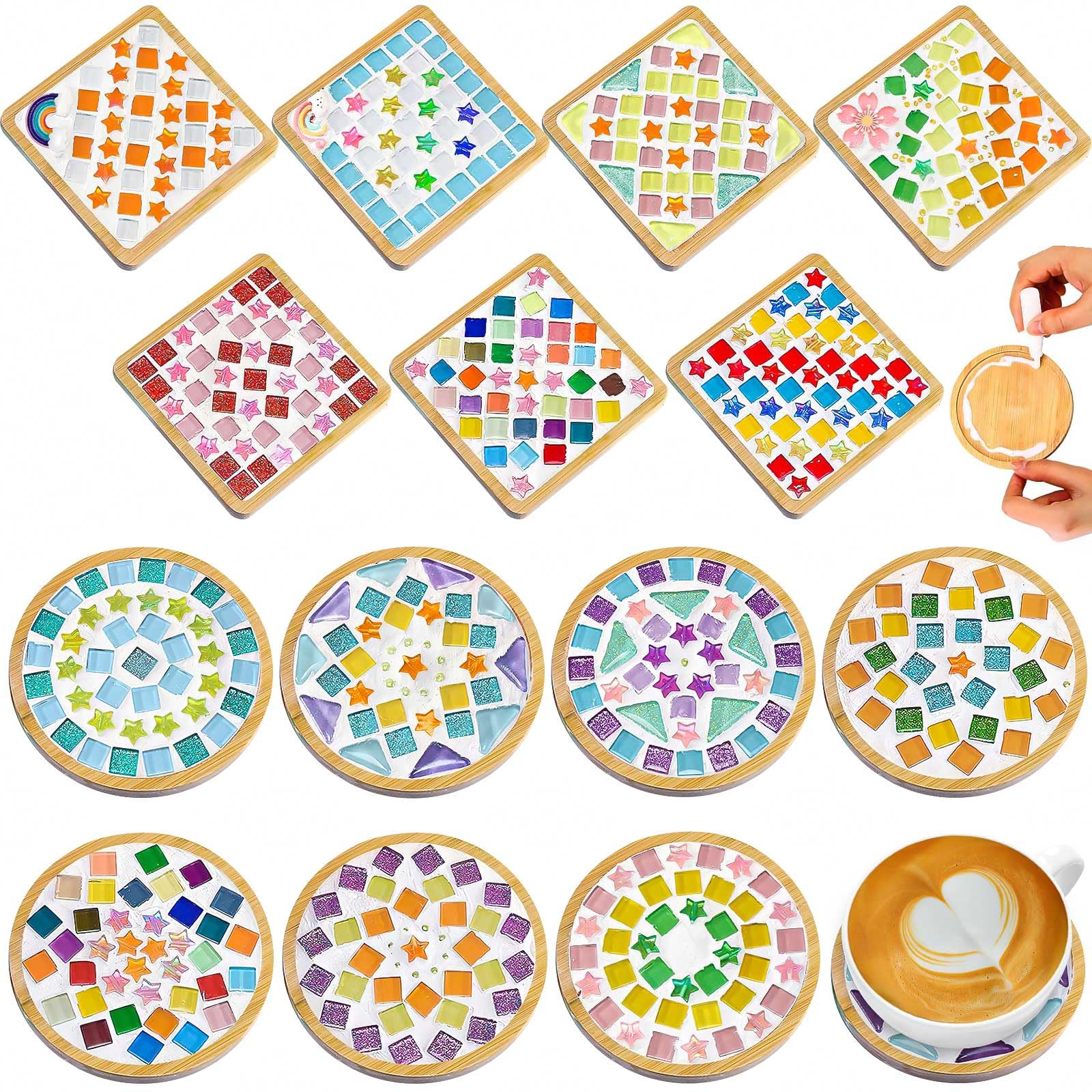 14 Sets Mosaic Coaster Kit for Adults Beginners, DIY Glass Mosaic Tiles Craft Set with Wooden Coaster, Mixed Color Mosaic Kits for Home DecorHandmade Gift