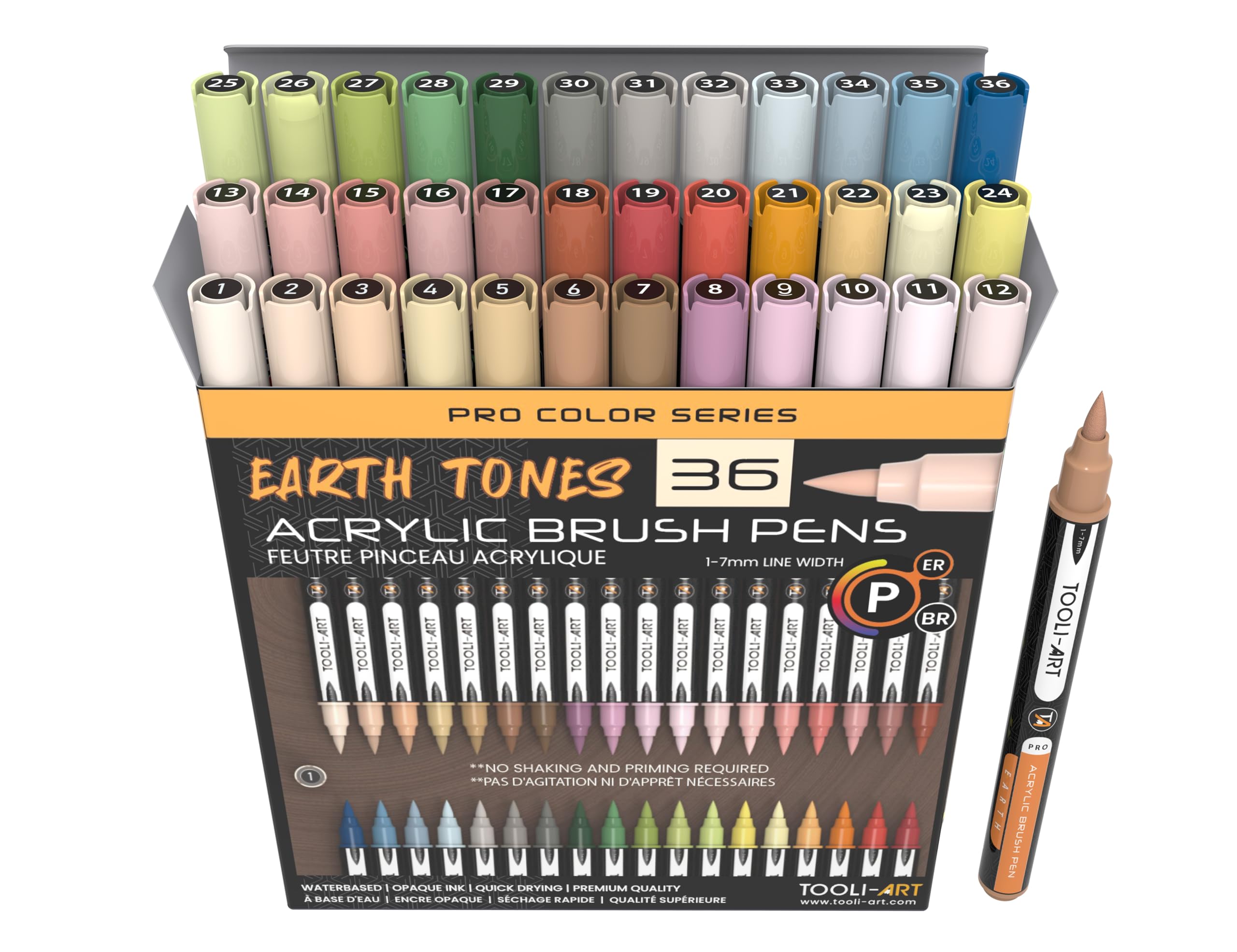 36 Flexible Brush Tip Earth Tones Acrylic Paint Pens Markers Set 1-7mm Line for Rock Painting, Brush Lettering, Glass, Mugs, Wood, Metal, Canvas, Fabric, Plastic. Non Toxic Waterbased Quick Drying