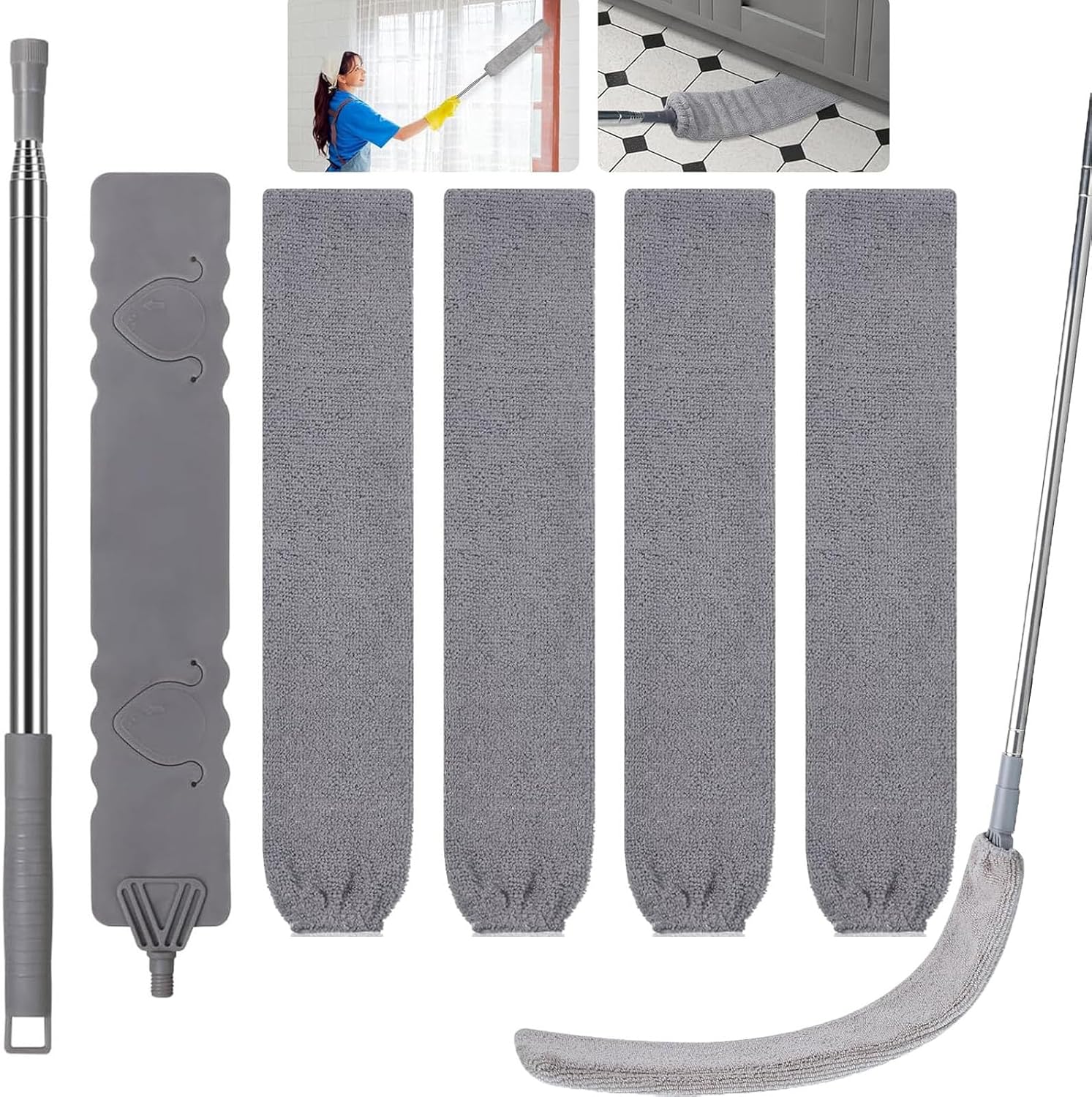 Retractable Gap Dust Cleaner, Extendable Gap Duster with 4 Microfiber Dusting Cloths Long, Under Appliances Cleaning Tools with Extendable Pole,Under Refrigerator, Furniture, High Ceiling