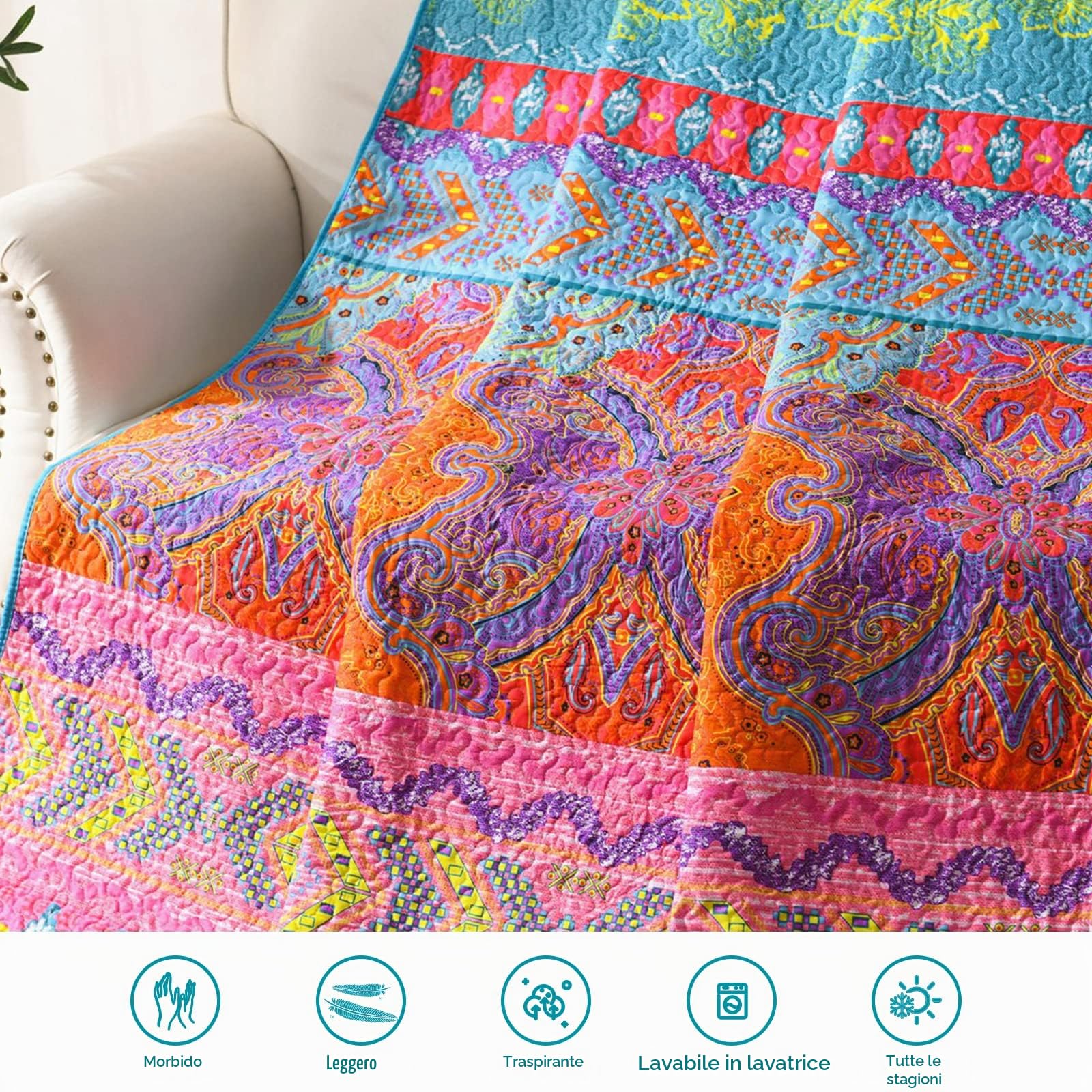 Qucover Copriletto, Copridivano Bohémien, Multiuso Coperta per Letto Singolo Matrimoniale 100% Microfibra Adatto a Tutte le Stagioni (Copriletto #3, 150 x 200 cm)