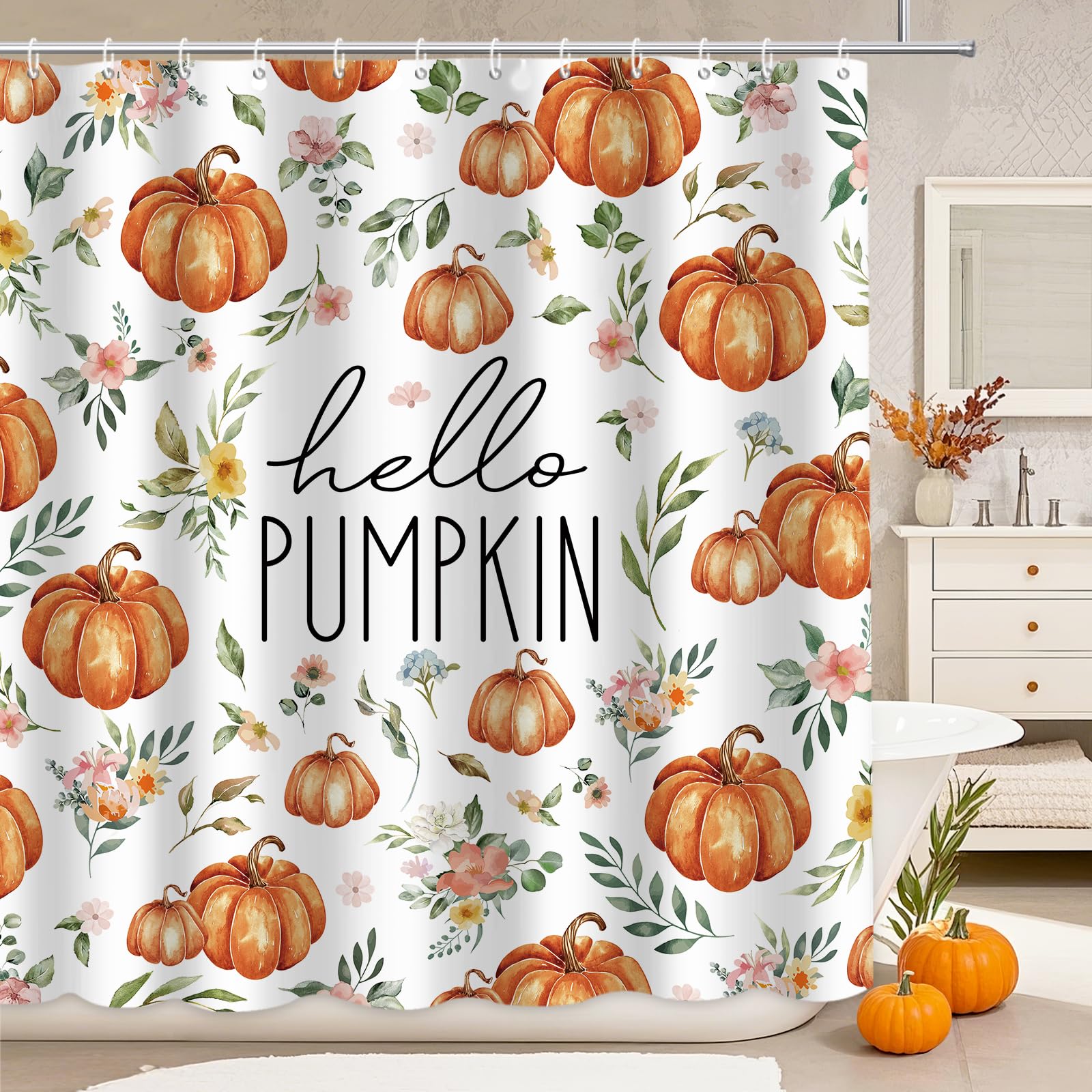 Rideau de douche imperméable Hello Citrouille anti-moisissure lavable pour bain de Thanksgiving