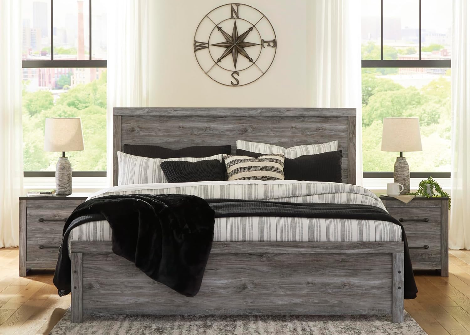 Signature Design by Ashley Bronyan Contemporary King Panel Bed with Metal Slats, Foundation or Box Spring Needed, Gray