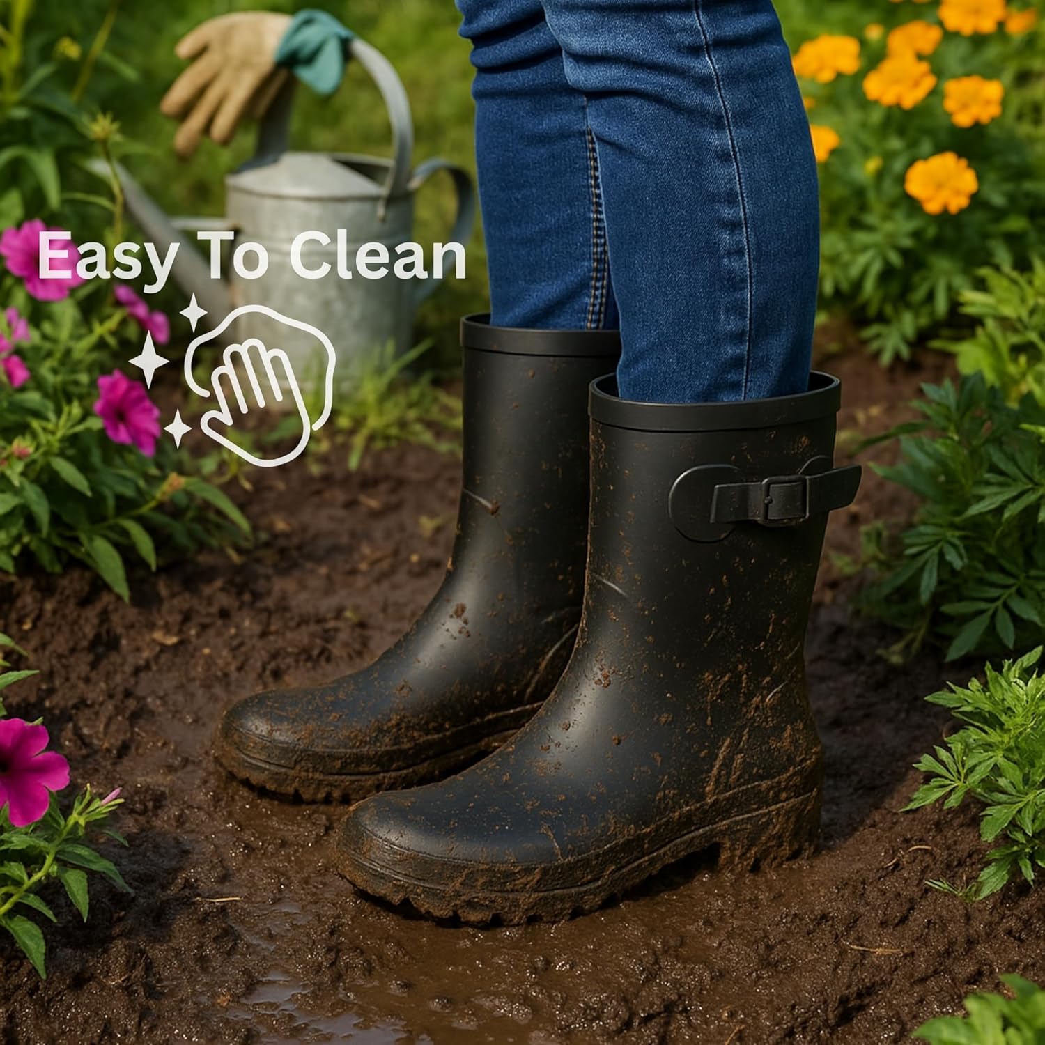 Alpine Swiss Reya Womens Waterproof Mid Calf Rain Boots | Tall Rubber Garden Boots | Anti-Slip Outdoor Work Mud Boot | Wellington Boots Rain Shoes