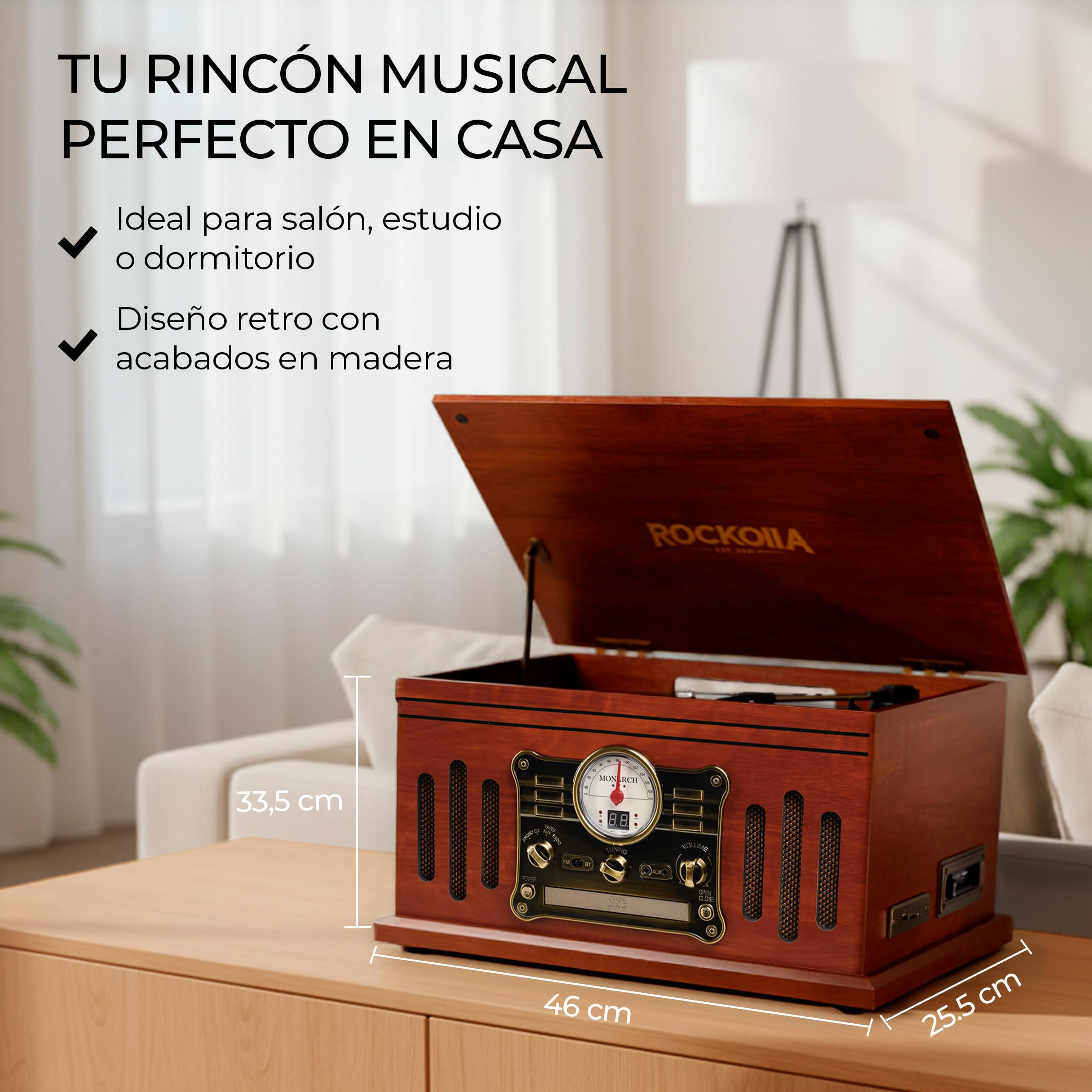 Tocadiscos Retro Bluetooth de Vinilo, Altavoces Estéreo【33/45/78 RPM】 Giradiscos Vintage | Radio FM, Cassette, CD, MP3, USB, SD, Grabadora | Salida RCA/Aux In (Monarch)