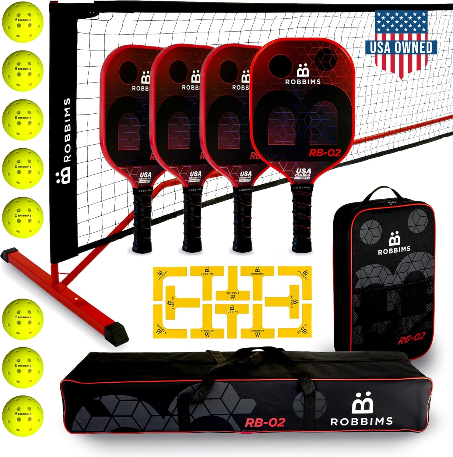 Portable Pickleball Set with Net | 4 USAPA Approved Carbon Fiber Paddles, Duffle Bag, Regulation Size Pickleball Net System, Assembly Manual, 8 Outdoor Balls, Court Marker Kit and Carry Bag
