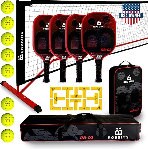 Juego de pickleball portátil con red  4 paletas de fibra de carbono aprobadas por USAPA, bolsa de lona, sistema de red de pickleball de tamaño