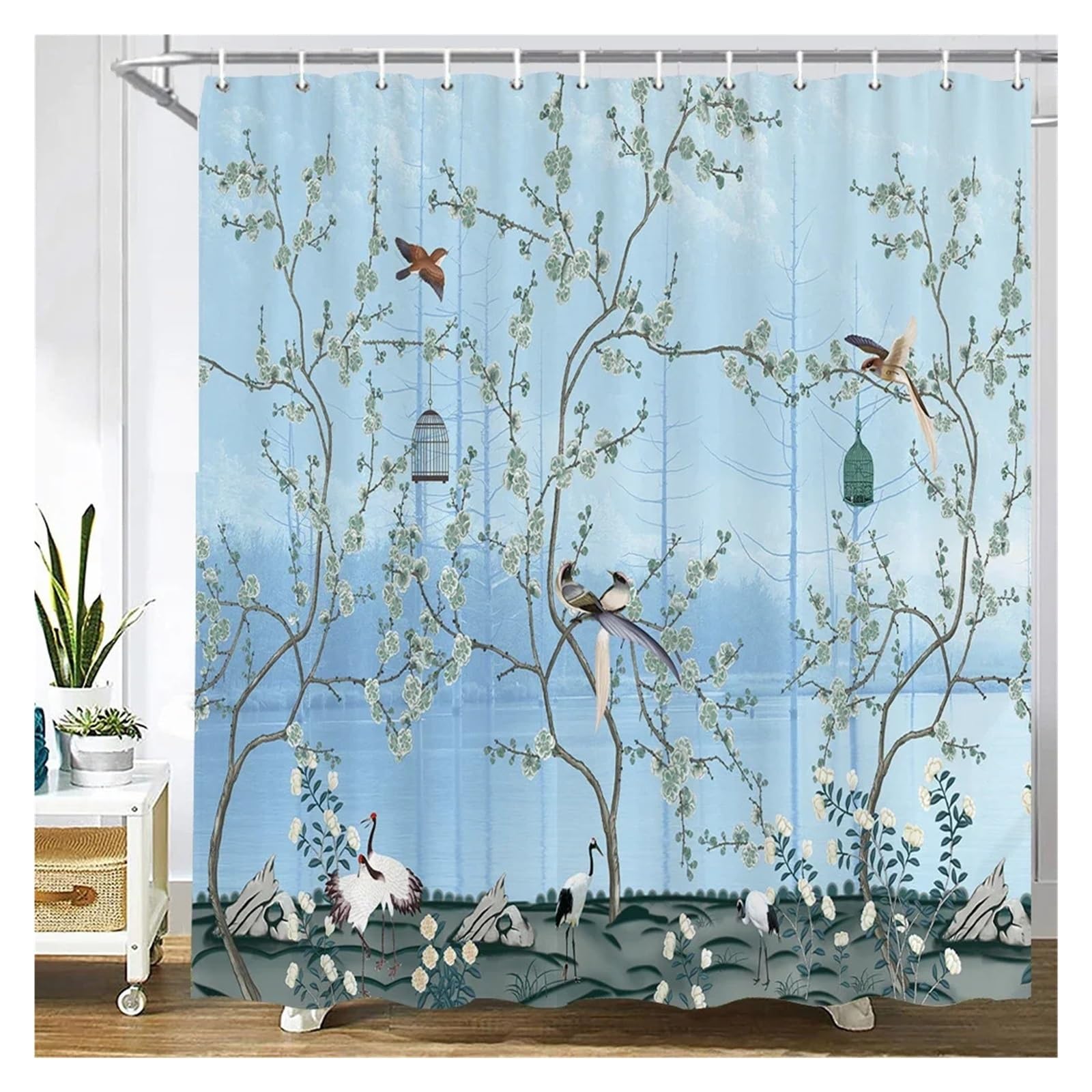 Rideau de douche oiseau fleur de style chinois imperméable pour déco de salle de bain 90x180cm