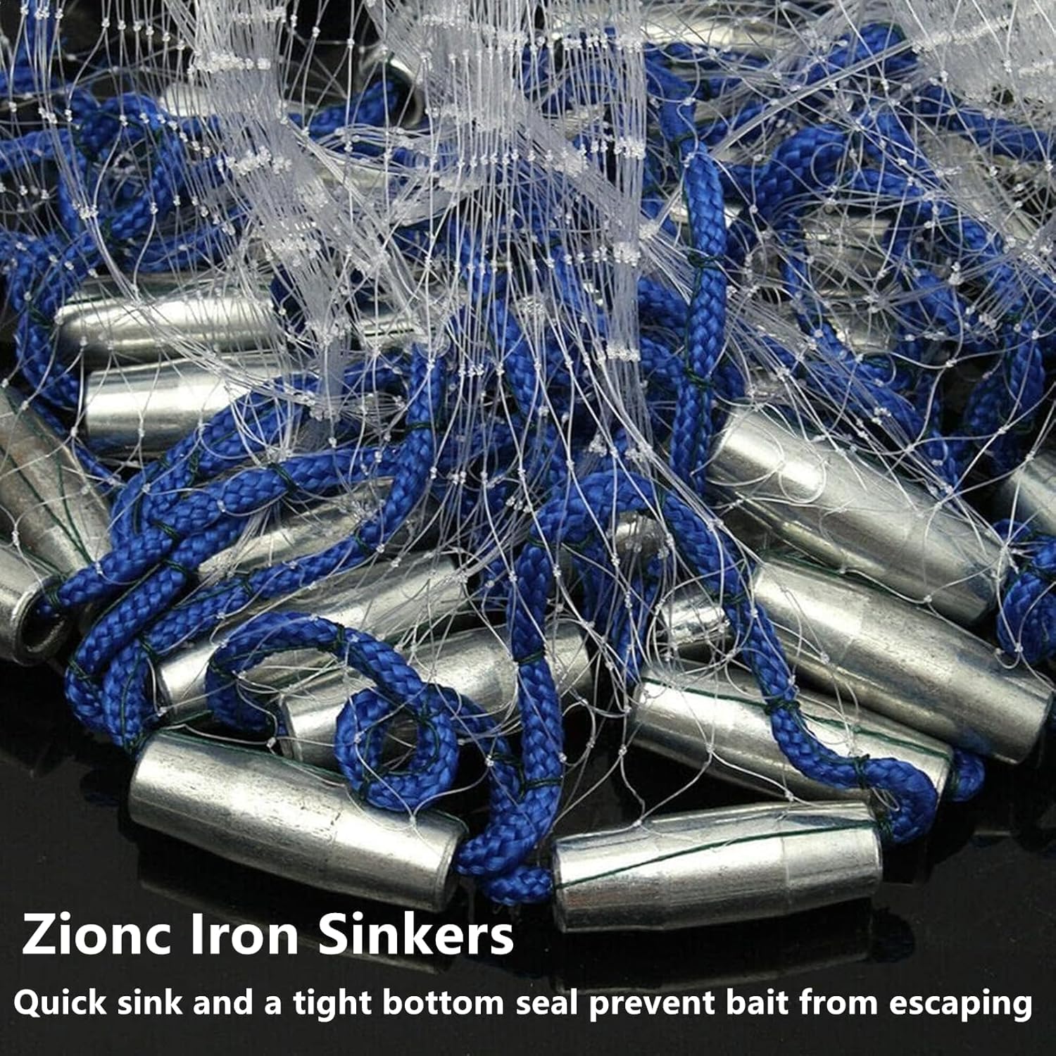 Fishing Cast Net, 3/8 Inch Mesh Size Radius SaltwaterThrow Cast Net with Heavy Duty Real Zinc Sinker Weights for Bait Trap Fish