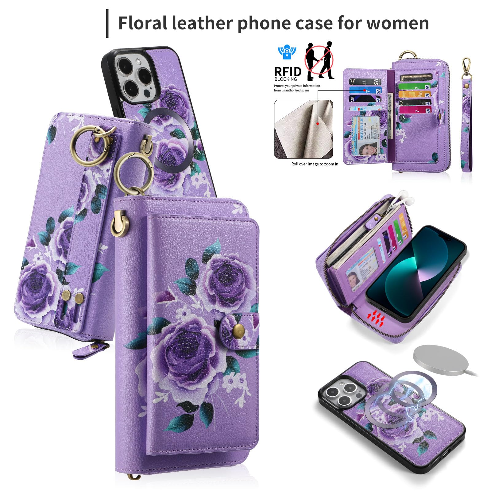 LITOU Compatible for iPhone 15 Pro Phone Case Wallet for Women Men?Wristlets Zipper Leather Wallet Flip Case?RFID Blocking Card Holder,Detachable Magnetic Cover Case.PF