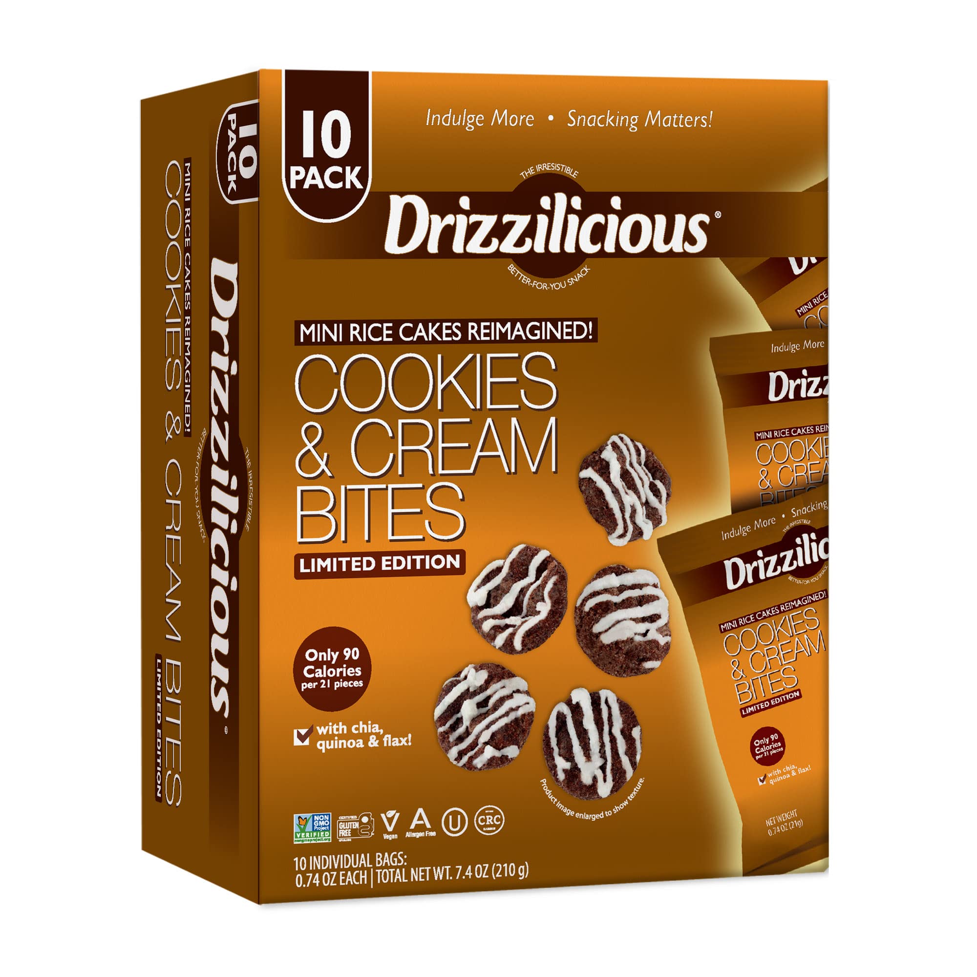 Drizzilicious Cookies & Cream Paquete de 10 | Mini bocadillo de pasteles de arroz de chocolate | Chía, Quinoa, Snacks de lino veganos