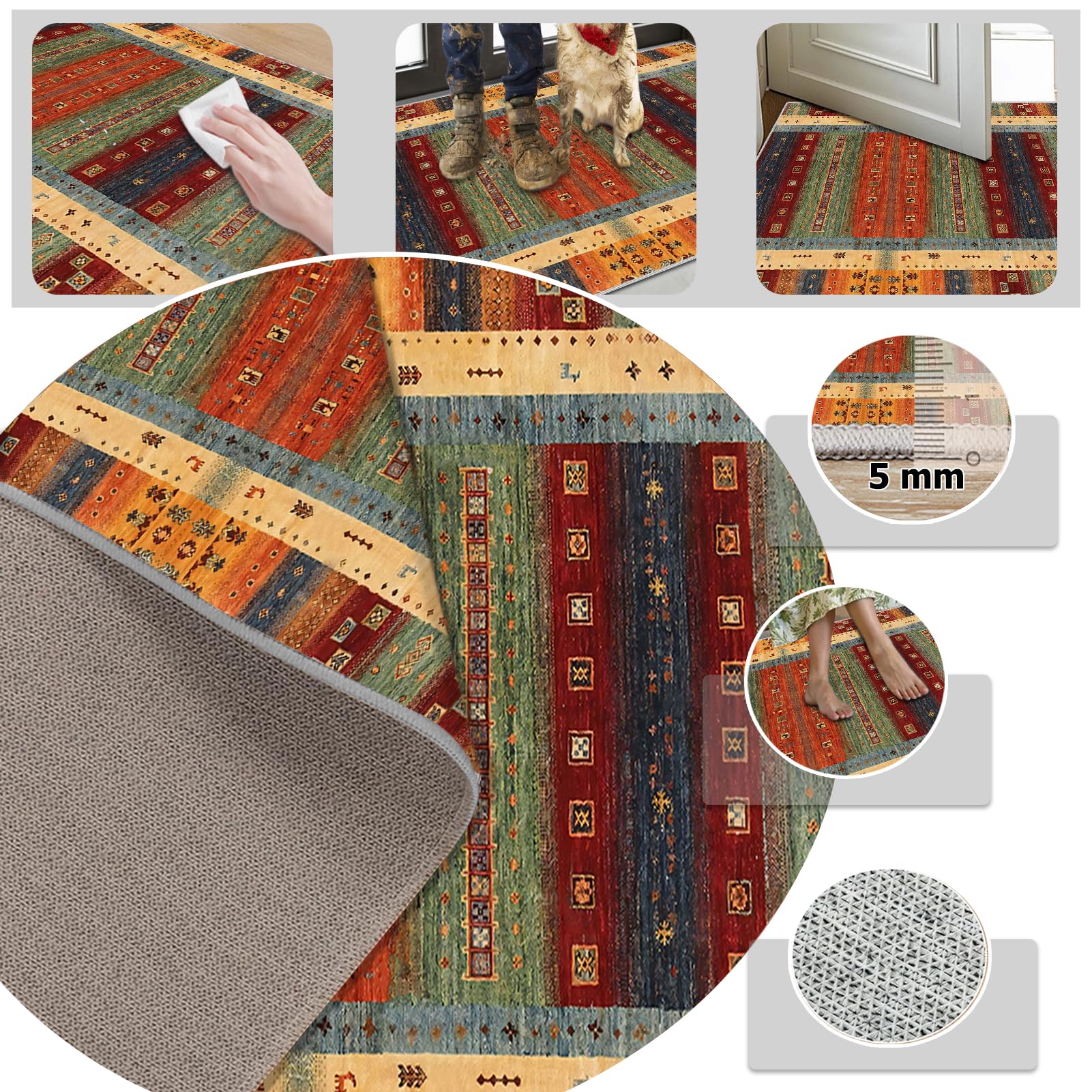 Dywan do salonu w stylu vintage, 170 x 190 cm dywaniki do sypialni, salonu, sypialni, kuchni, jadalni, duży dywan z krótkim włosiem, dywan do jadalni, antypoślizgowy zmywalny dywanik kuchenny
