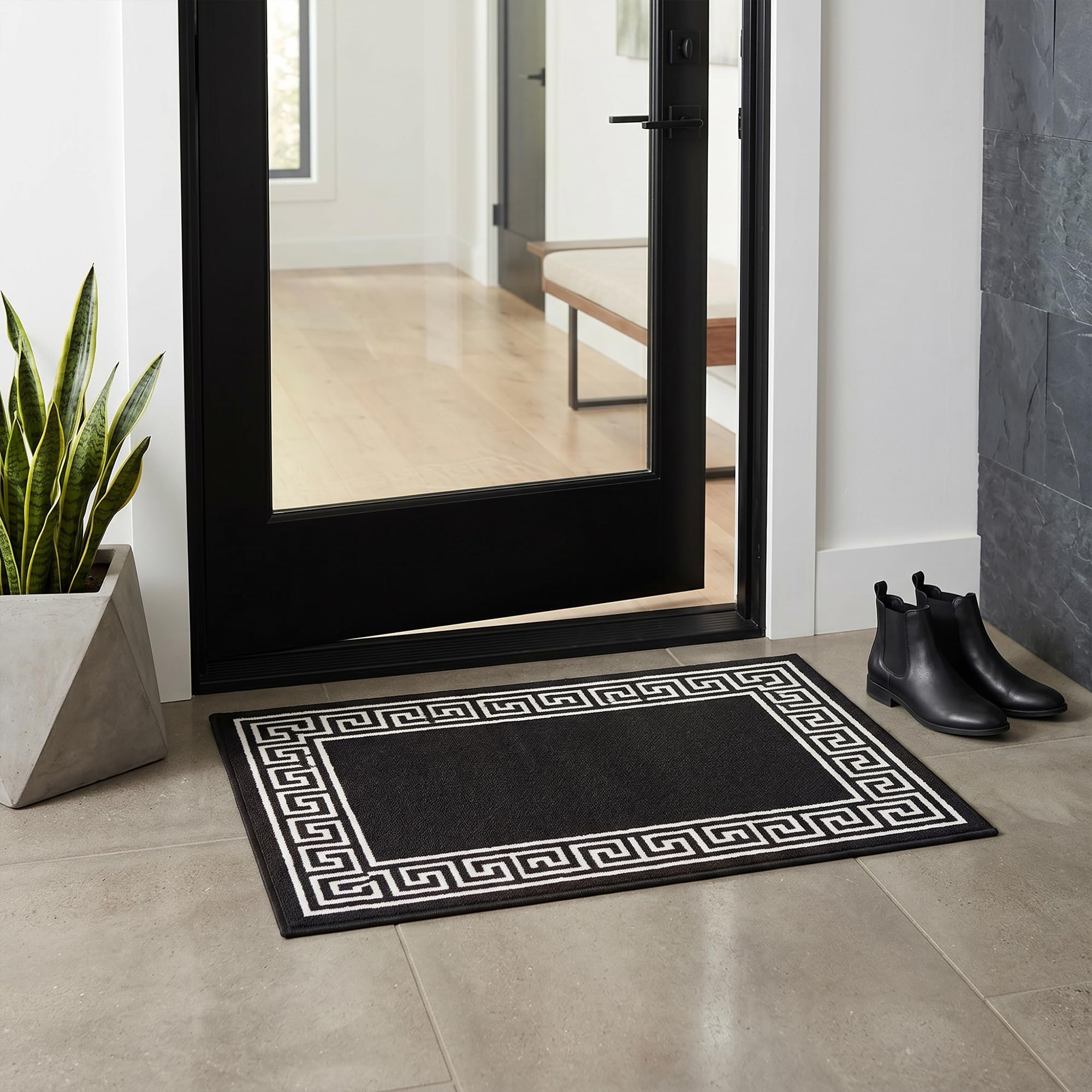 Fit Even Greeky Door Mat – Non-Slip Washable Doormat, Heavy Duty Welcome Dirt Trapper, Water Absorbent Floor Mat for Indoor/Outdoor Use, Front Entrance, and Kitchen (Dark Grey & Cream, 40x60 cm)