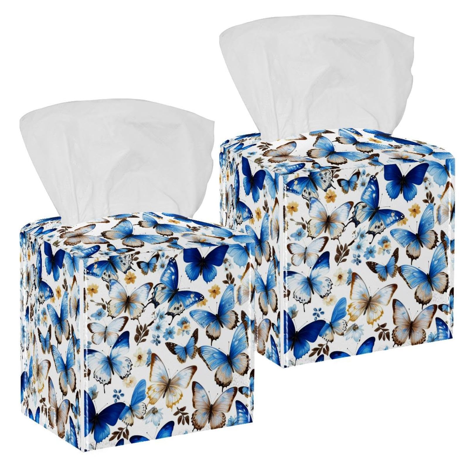 Aesthetic Butterfly Tissue Box Cover, 2 Pack PU Leather Square Facial Tissue Dispenser Box holder for Home Office Car