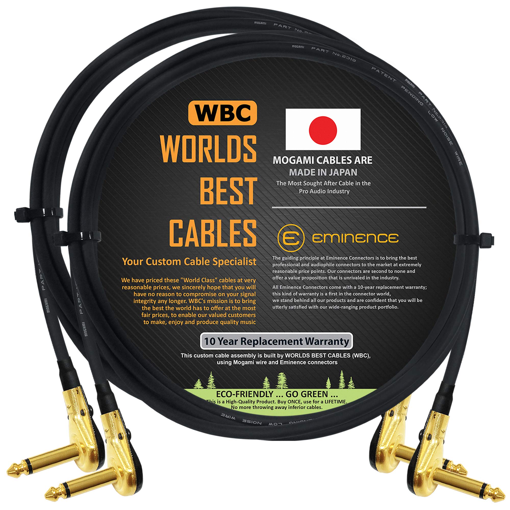 2 unités – Mogami 2319–182 cm (1,8 m) – Instrument effets câble patch avec Plaqué or, profil bas, Pancake à angle droit type TS