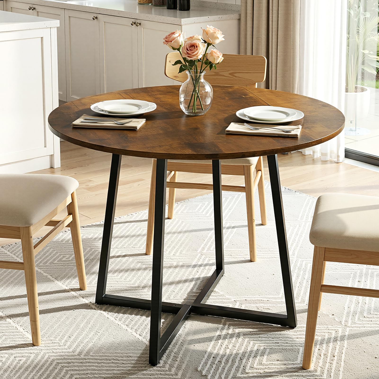 Warmiehomy Round Dining Table for 2-4 People, 80cm Wooden Small Dining Room Table with Metal Legs for Home Apartment, Kitchen, Living Room, Reception, Restaurants, Rustic Brown