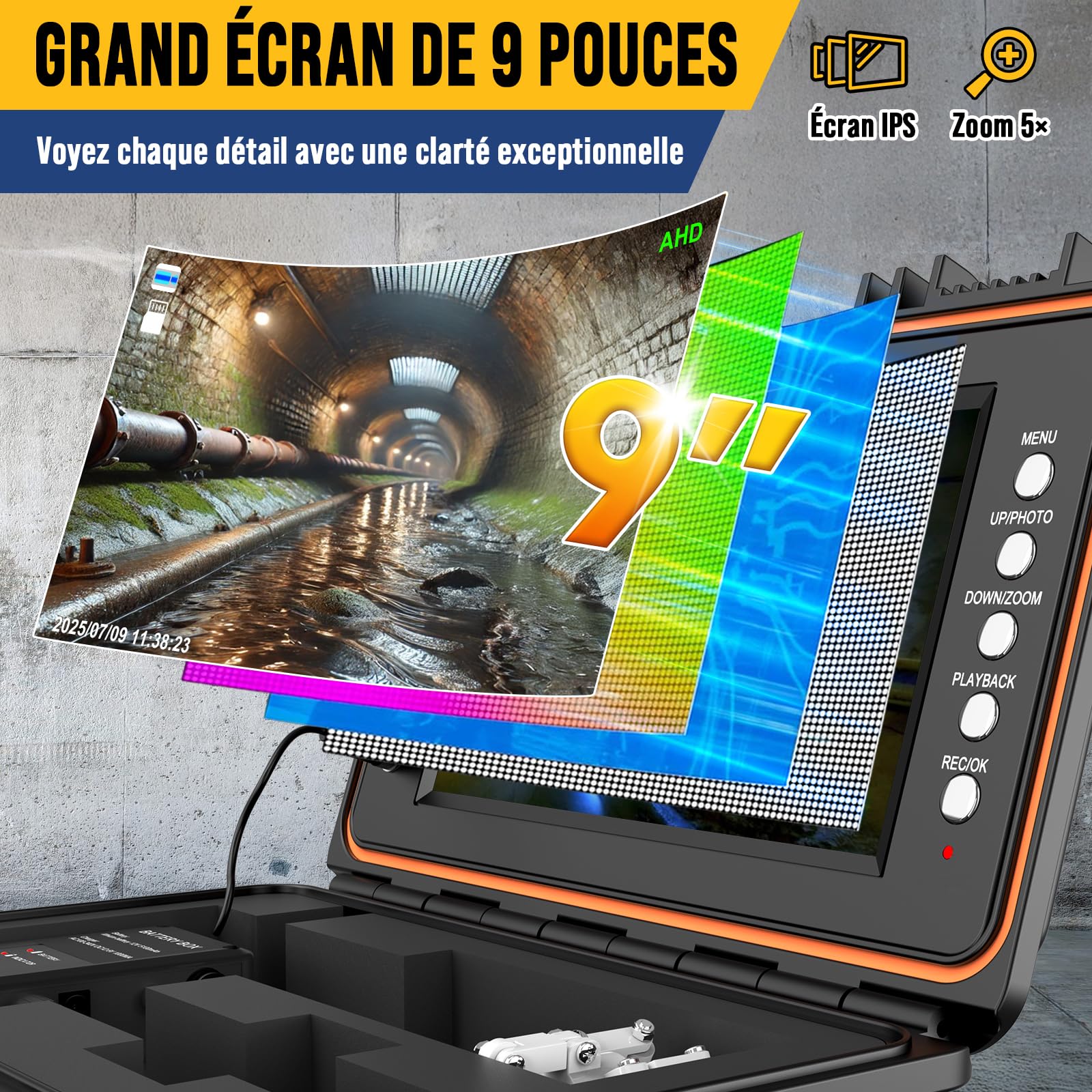 Caméra d’Inspection Canalisation, Caméra Auto-Nivelante 1080P et Émetteur 512Hz, Câble de 50M avec Repères Métriques, Écran IPS HD De 9 Pouces, DVR 32 Go, Batterie 5100 mAh, Étanchéité IP68