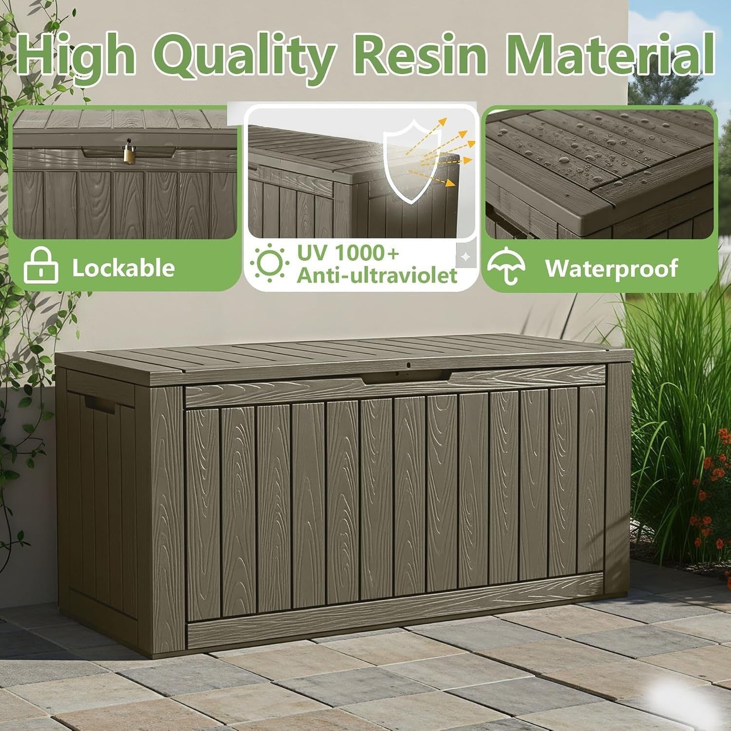 Baulera Exterior Impermeable 130L para Almacenaje Terraza, Rayado Gris