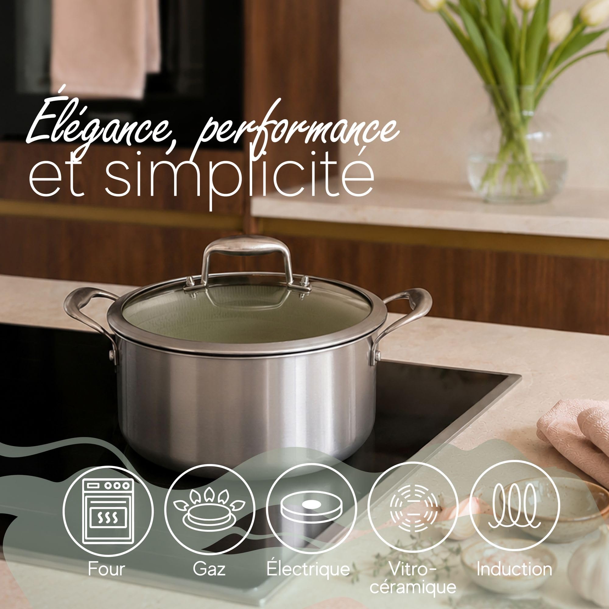 MENASTYL - Faitout 24 cm Aglaé en inox triply - Revêtement antiadhésif céramique nid d'abeille sans PFAS - Tous feux induction - Vert sauge - Four et lave-vaisselle - Sans PTFE/PFOA - Haute résistance