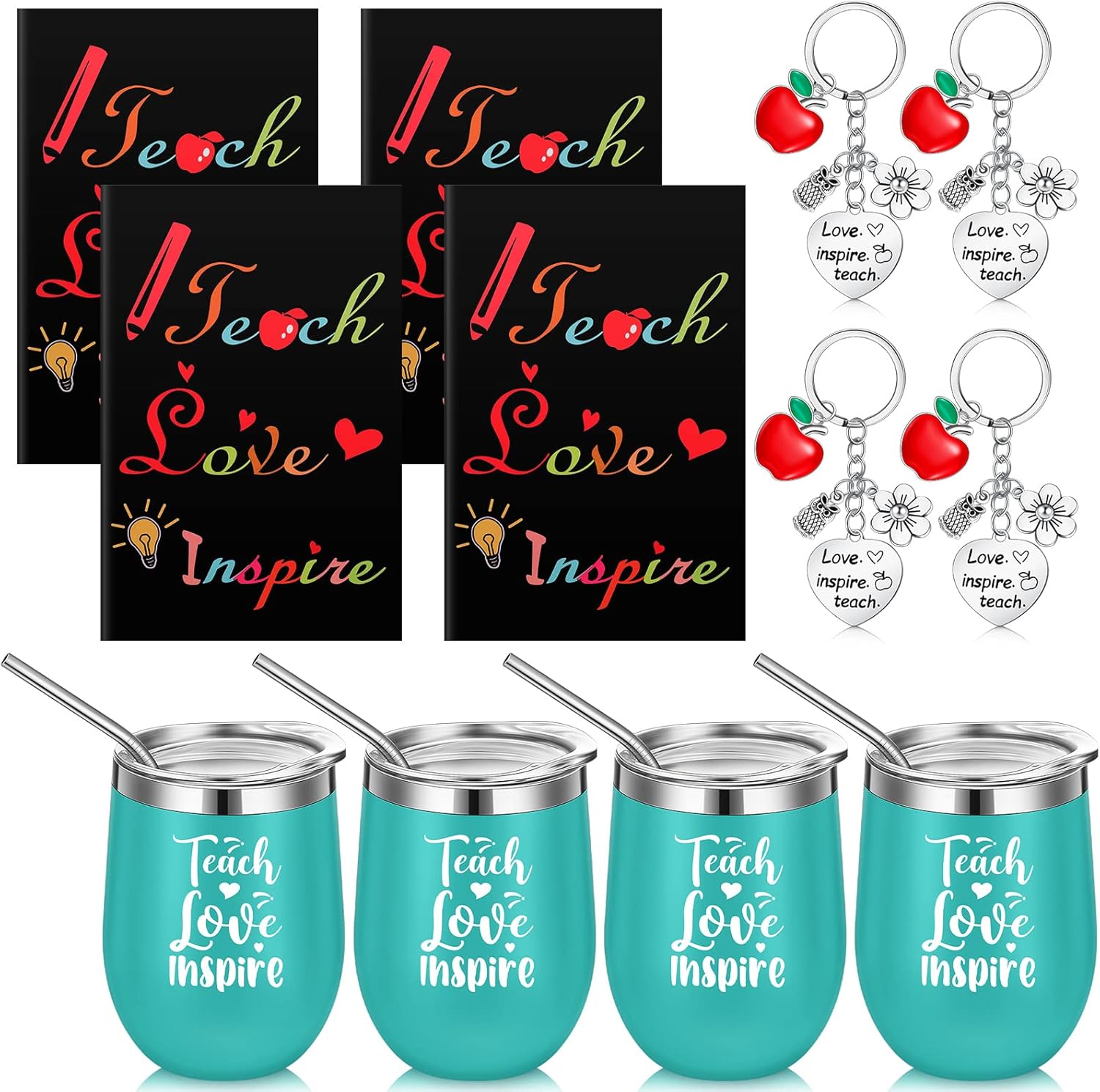12 Pcs Teacher Appreciation Gift Bulk for Women, Teacher Week Gifts 12oz Wine Cup with Mini Journal Notepads Keychains Basket Thank You Retirement Graduation Gifts