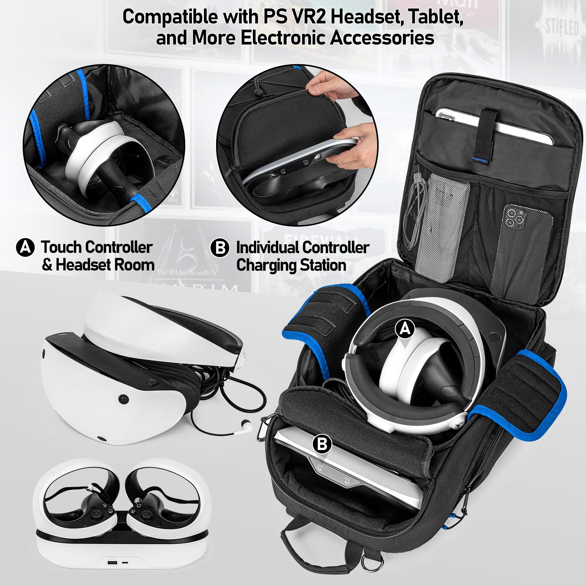 PGmoon Custodia da Trasporto Compatibile con Cinturino Oculus Meta Quest 2/Quest 3/Quest Pro/VR Elite/PSVR2, Zaino da Viaggio con Spazio Separato per Controller Touch e Multitasche-Design Brevettato - 4
